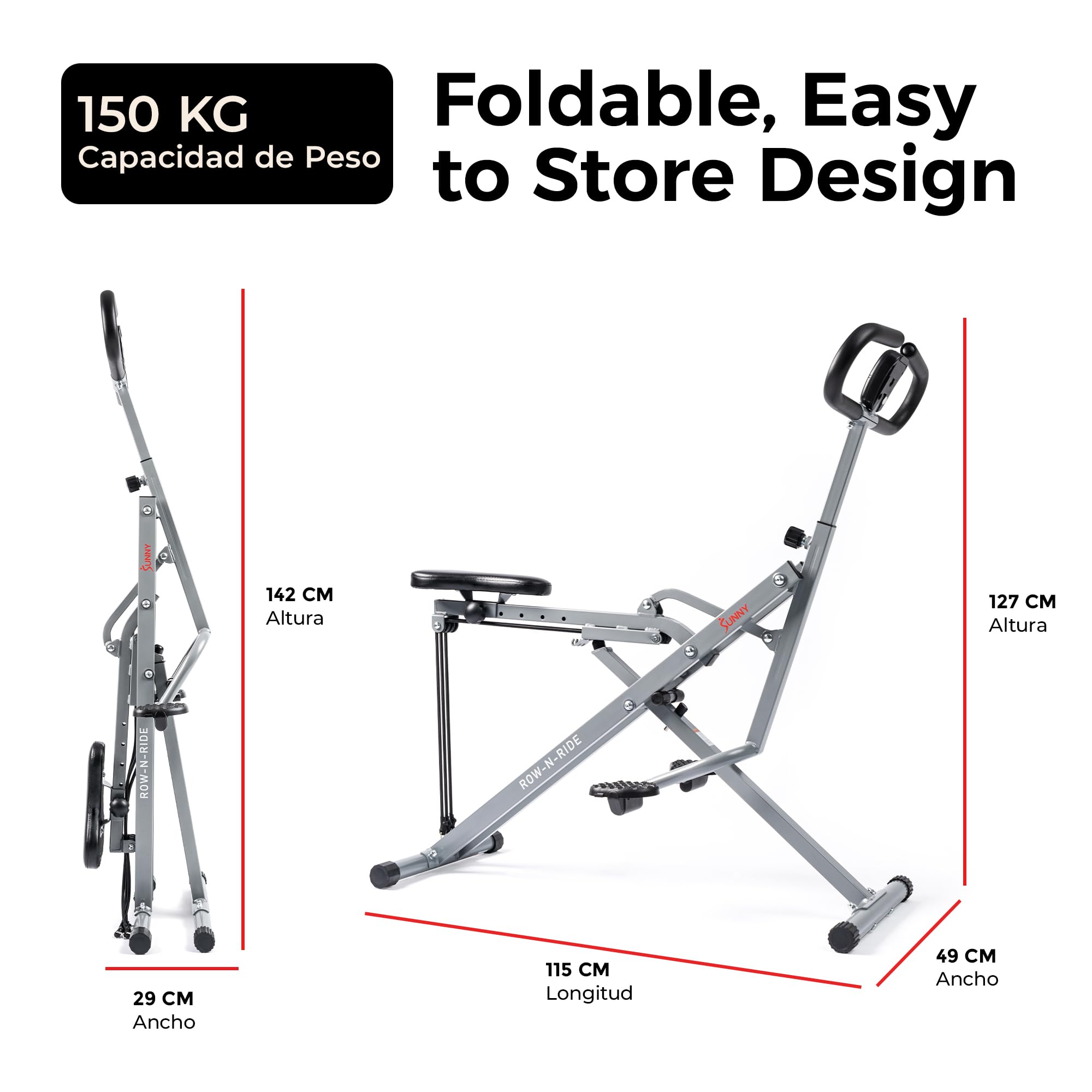 Sunny Health & Fitness Inteligente Row-N-Ride Máquina Plegable | Entrenador de Glúteos y Piernas, 3 Ángulos de Sentadilla, 4-Niveles de Resistencia, App SunnyFit, 150 kg Capacidad