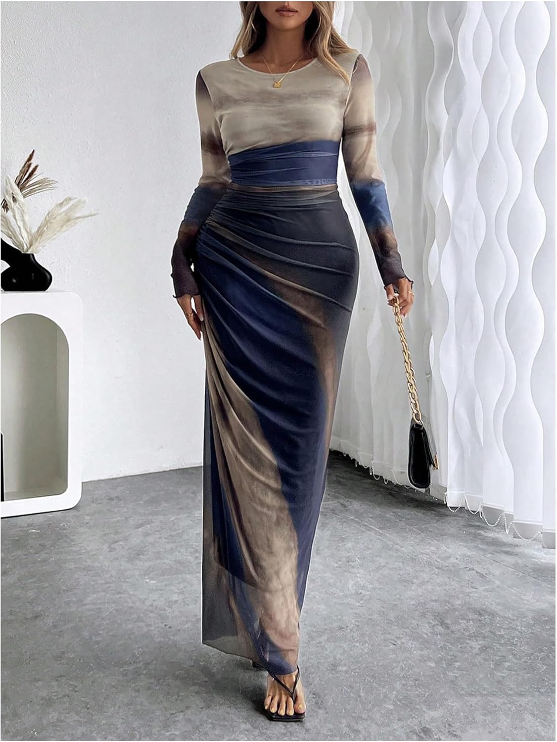 Women's Tie Dye Long Sleeve Maxi Dress Bodycon Ruched Night Out Formal Cocktail Long Dress for Wedding Guest Party - Image 5