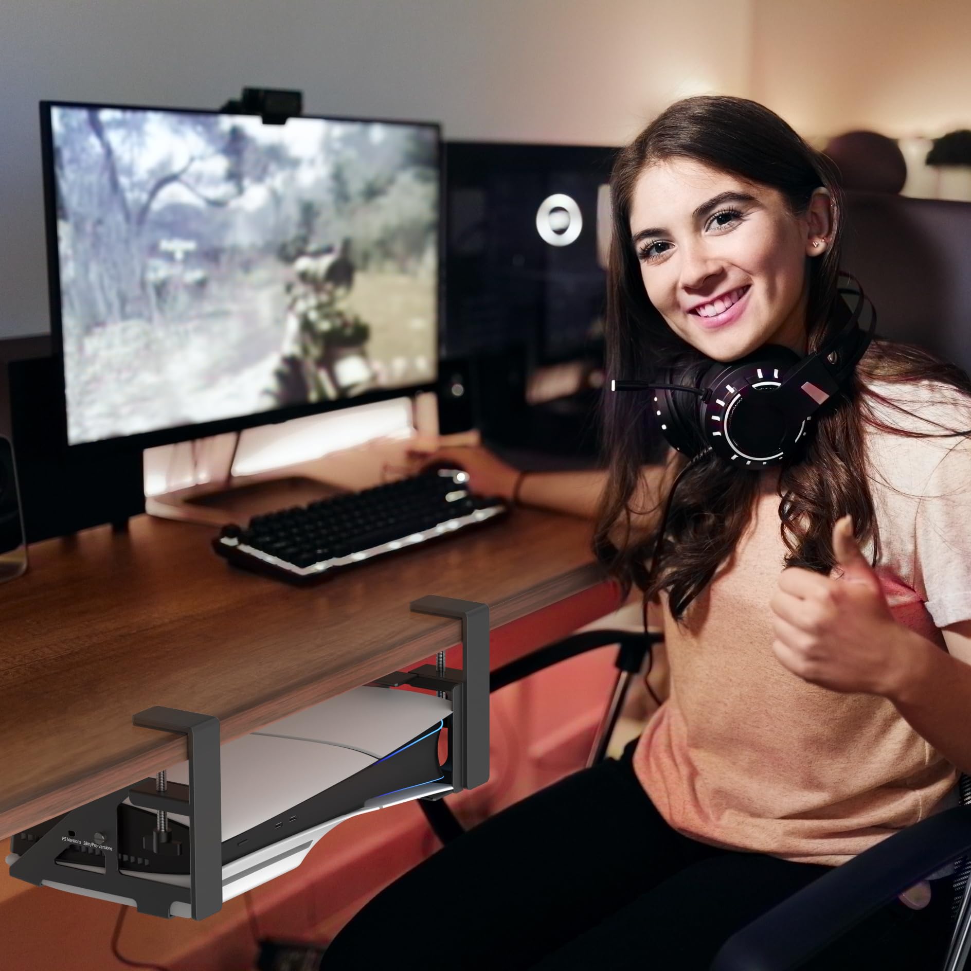 Rysker Support PS5 sous la Bureau Compatible avec Console PS5/ Slim/Pro, Support Horizontal PS 5 et Support Stealth Mount pour Play Station 5, Accessoires pour Rangement PlayStation 5