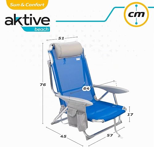 AKTIVE Folding Beach Chair, with Cushion, Reclining Chair, 4 Positions, 51 x 45 x 76 cm, Seat Height 17 cm, Carry Handle, Side Pocket, Blue (62609) - 6