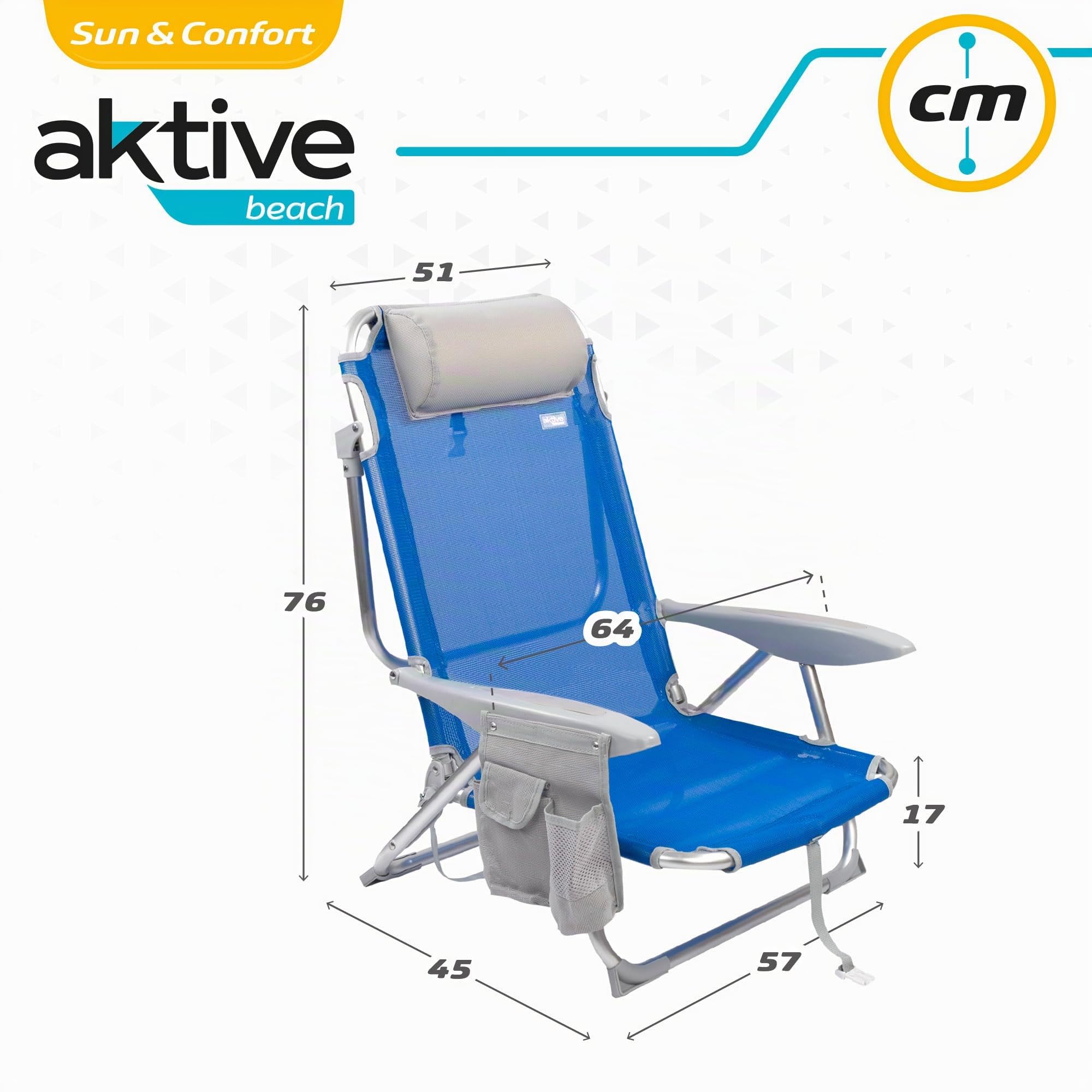 AKTIVE Chaise de Plage Pliante, 4 Positions, 51X45X76 cm, Coussin Inclus, Hauteur d'Assise 17 cm, Poignée de Transport, Poche latérale, Bleu (62609)