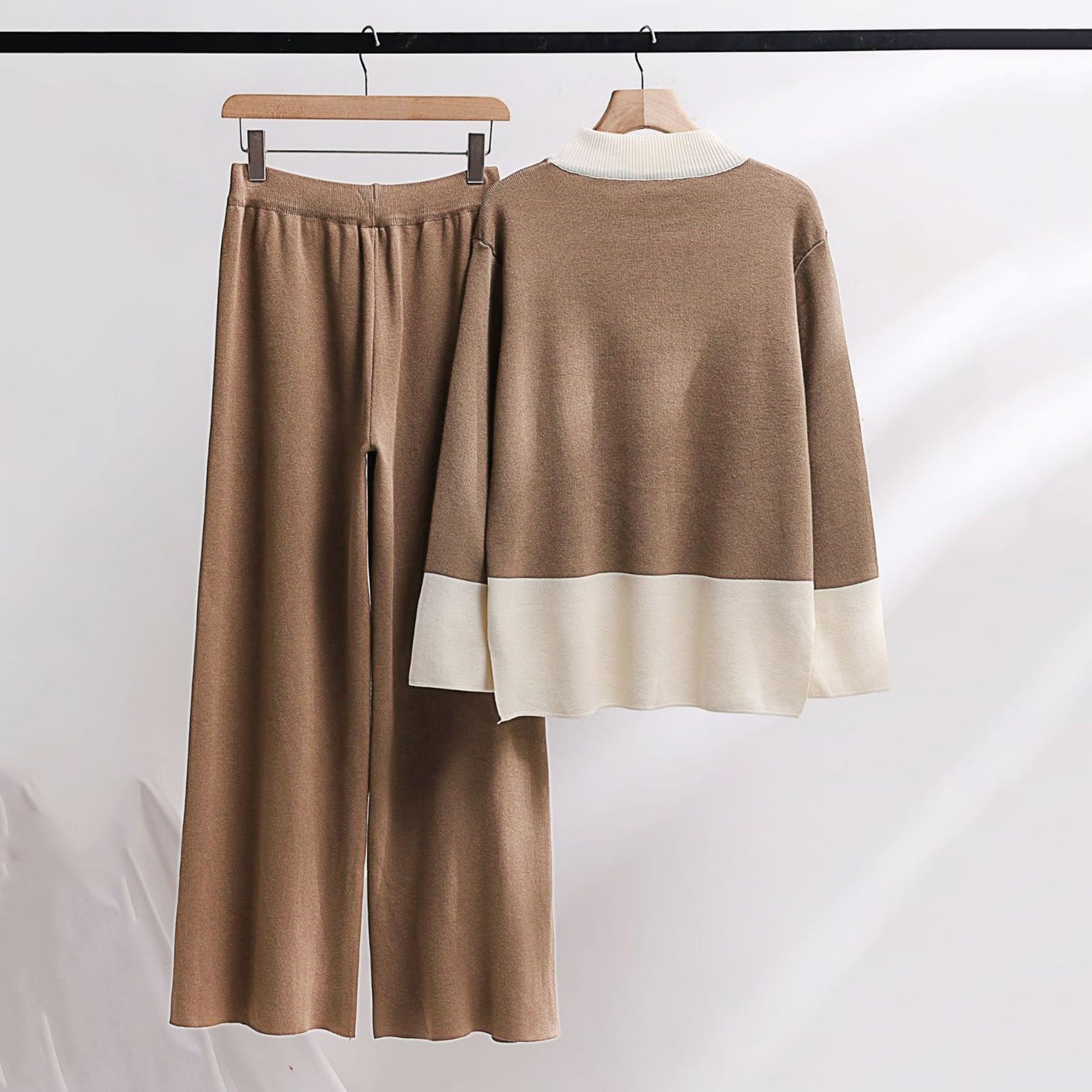 Femme 2 Pcs Pull Ensemble Tricoté Hiver Sweater Top en Maille Sweatshirt Chaud Chandail Sport Pantalon Jambe Large Hiver Ensemble Sportswear D'Intérieur Tenue Sport 2 Piece