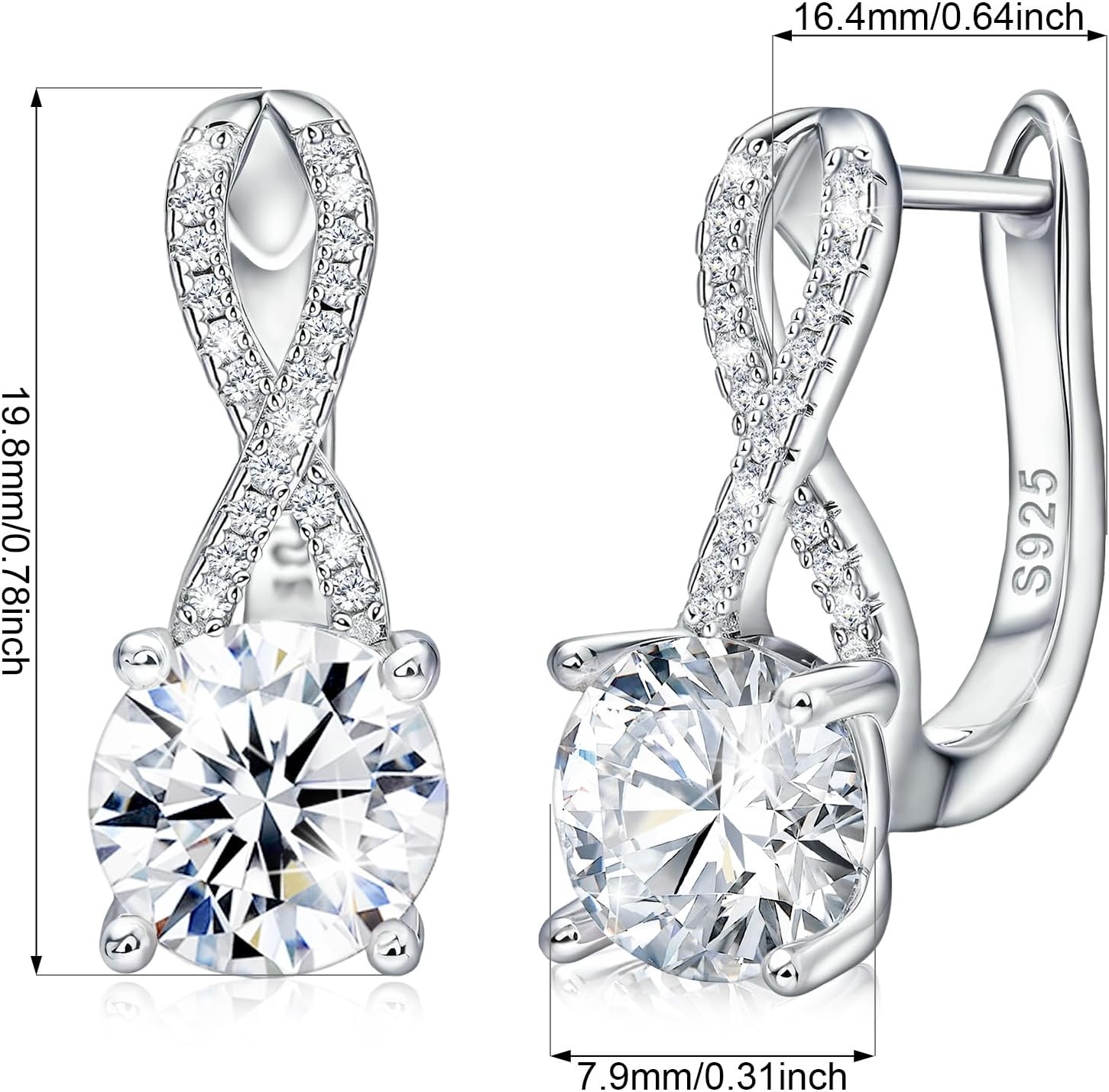 Sterling Silver Infinity Earrings Dangle Huggie Hoop Charms Cubic Zirconia Hypoallergenic Fashion Cartilage Jewelry Dainty Birthday Gift for Women - Image 3