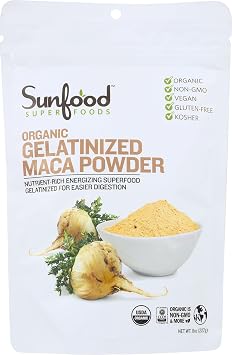 Sunfood Superfood Organic Gelatinized Maca Root Powder - Pure Raw Maca Powder for Women & Men, Use in Coffee or Smoothie, Certified USDA Organic, Non-GMO, Vegan, Gluten Free, Earth Kosher - 8 oz Bag