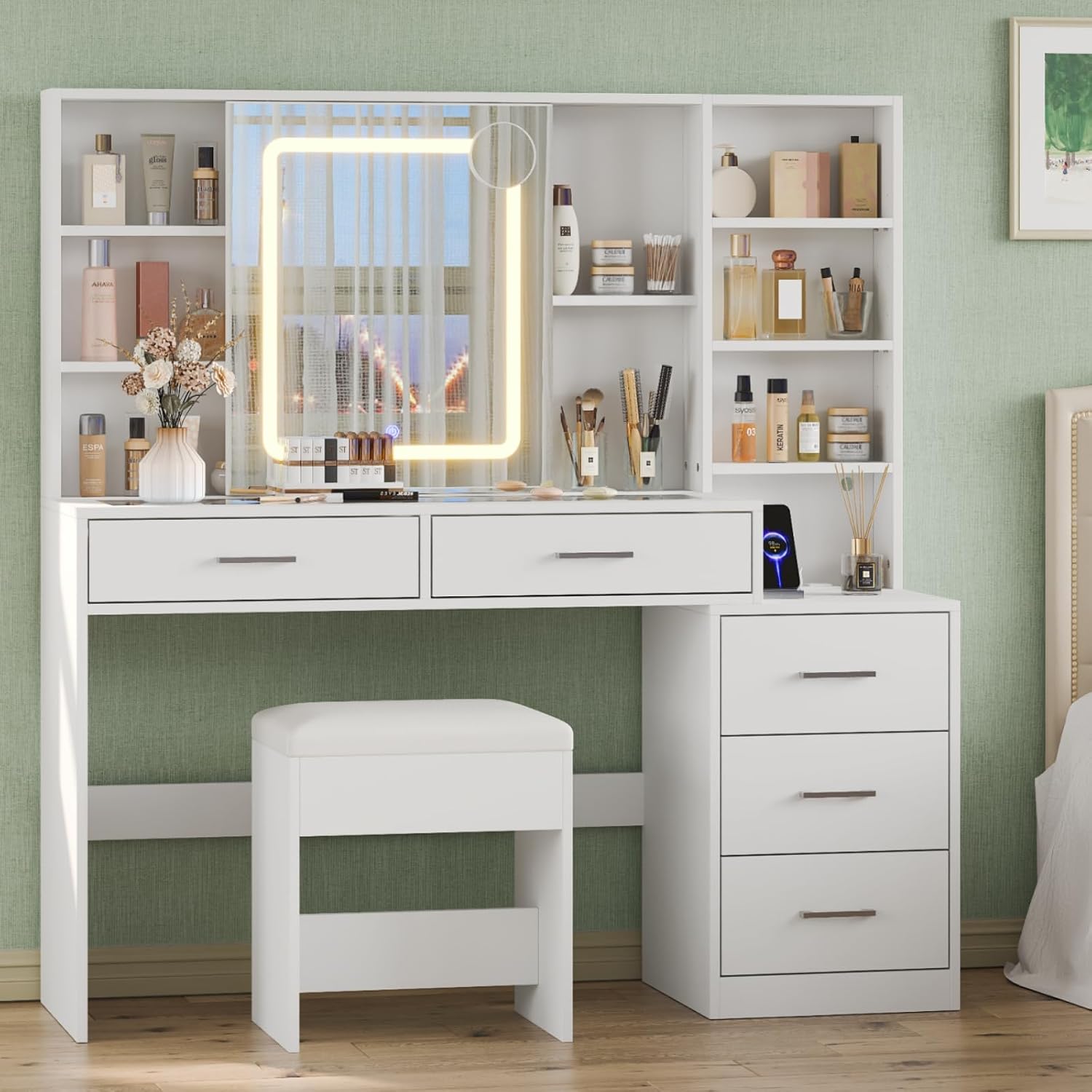 51" Vanity with Sliding Mirror and Lights, Vanity Desk with Charging Station, Makeup Vanity with 5 Drawers & 2 Adjustable Shelves, Glass Top, Dressing Table with Chair for Bedroom, White