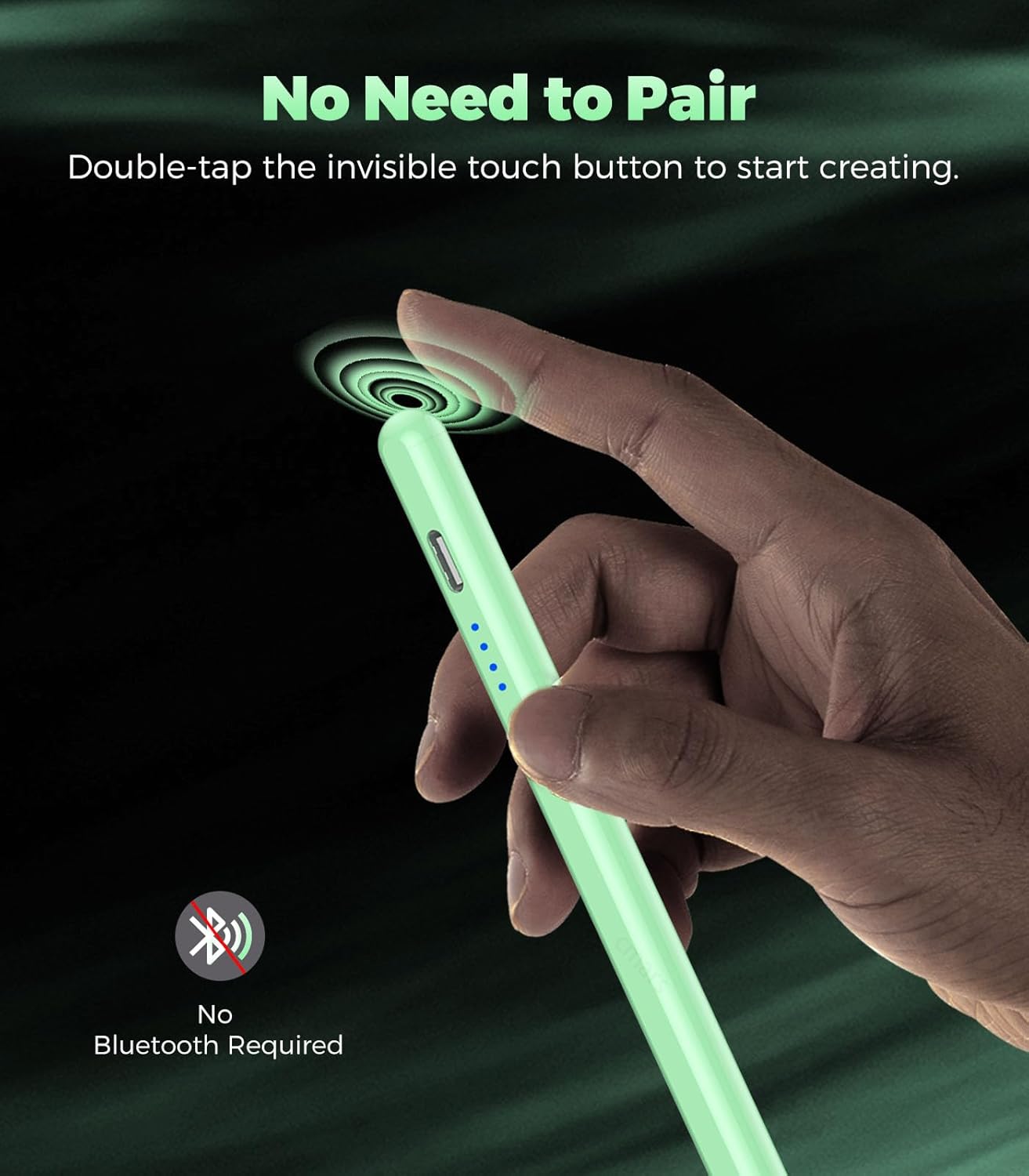 Image showing a hand double-tapping the stylus pen, indicating no Bluetooth pairing is needed