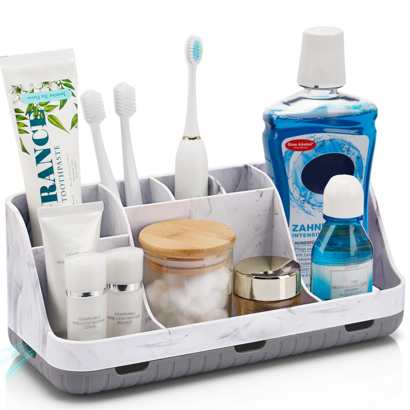 Marble Bathroom Countertop Organizer - Detachable 7 Slots Kids Electric Toothbrush and Toothpaste Holde Drainage for Bathroom Accessories Organization Counter Vanity Storage, Grey