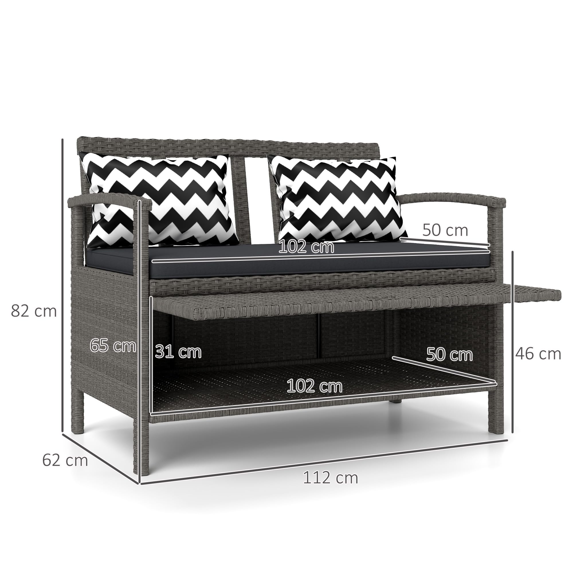 Outsunny Banc Extérieur Jardin 2 Places Banc de Rangement 160L 112 cm Gris | en Rotin PE, avec Coussin, 2 Oreillers, Cadre en Acier