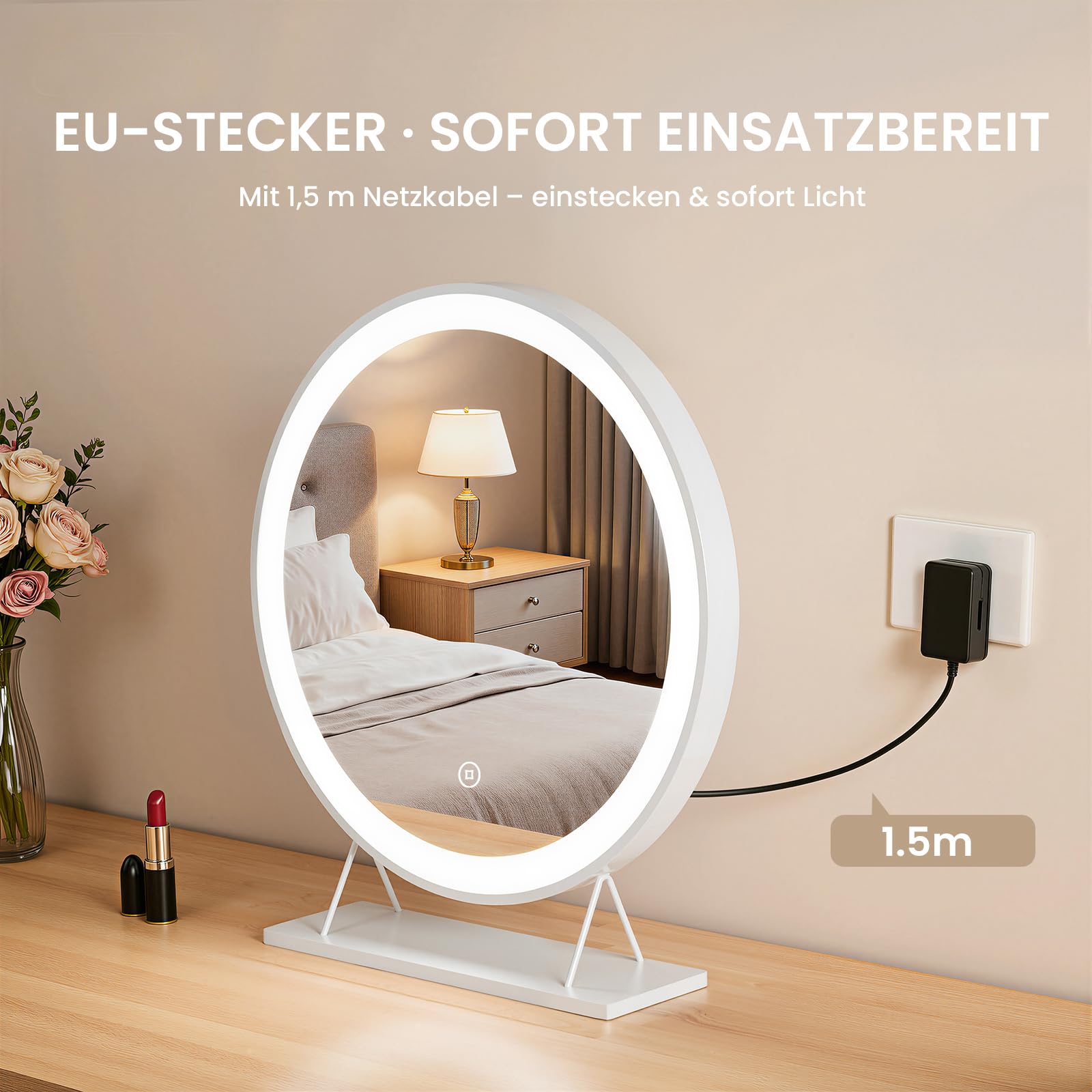 Heilmetz Schminkspiegel mit Beleuchtung Rund Φ40cm - Hollywood Kosmetikspiegel mit 3 Lichtfarben (3000K-6500K), Dimmbarer Standspiegel mit Memory-Funktion, Plug & Play für Schminktisch, Weiß