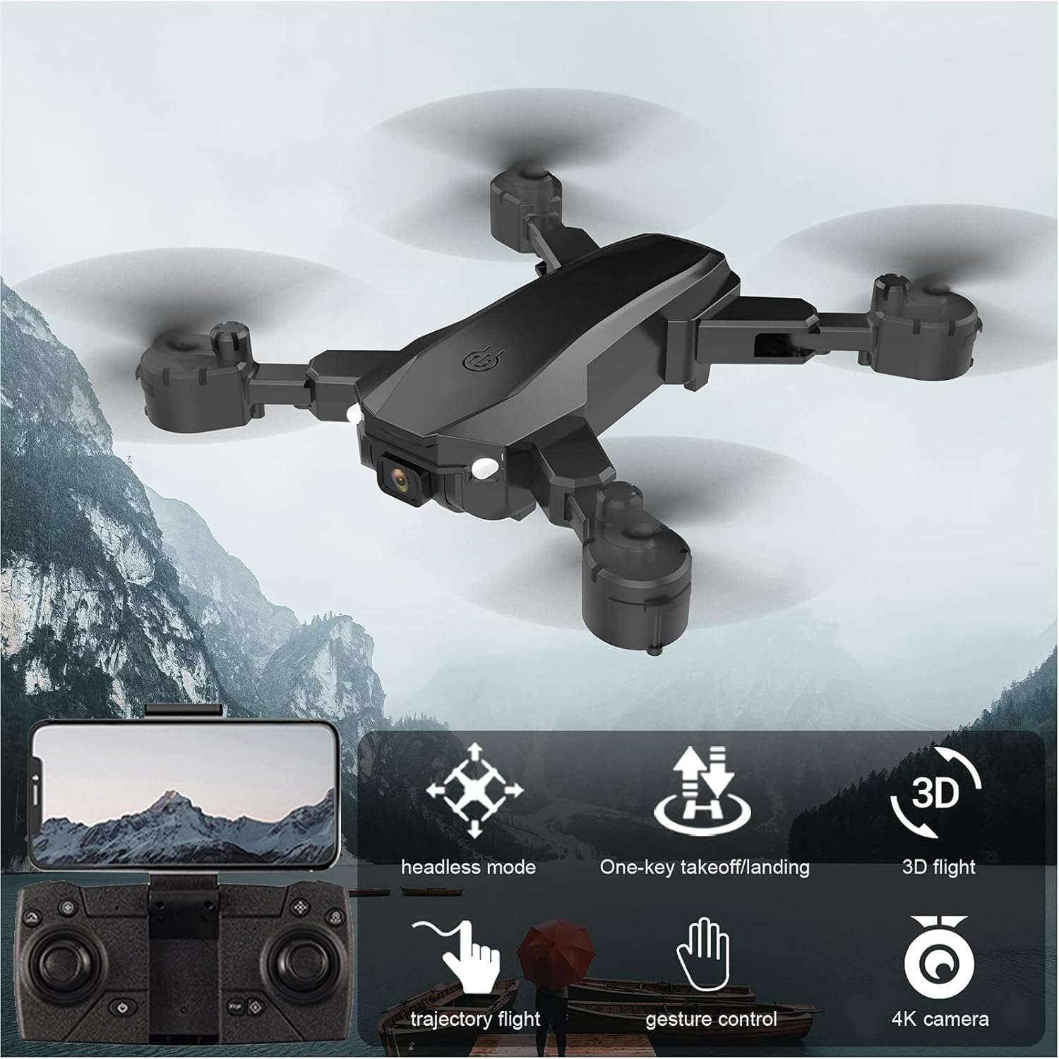 GoolRC S80 RC Drone with icons for headless mode, one-key takeoff/landing, 3D flight, trajectory flight, gesture control, and 4K camera