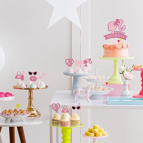 Miniatura 8 de 25 piezas de adornos de princesa para cupcakes de niña rosa con texto en inglés "Happy Birthday", para bolsos, lentes, lazo, lápiz labial, corbata,