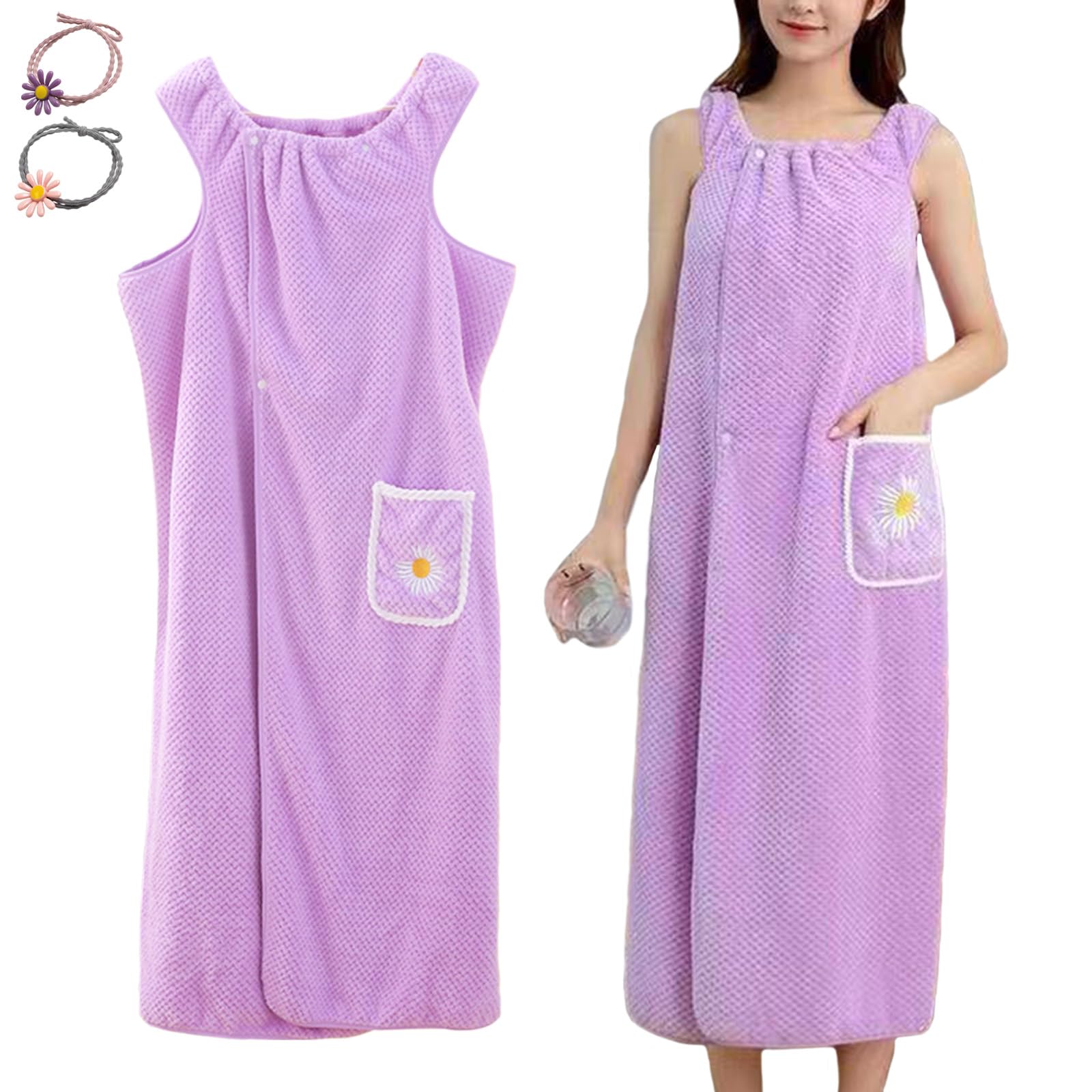 ZenyTra Women's Bathrobe 100 x 135 cm Purple with Pockets and Hair Tie Set Absorbent Terry Towelling Bathrobe Including 2 Hair Accessories Soft Sauna Towel for Wellness, Beach and Swimming Pool