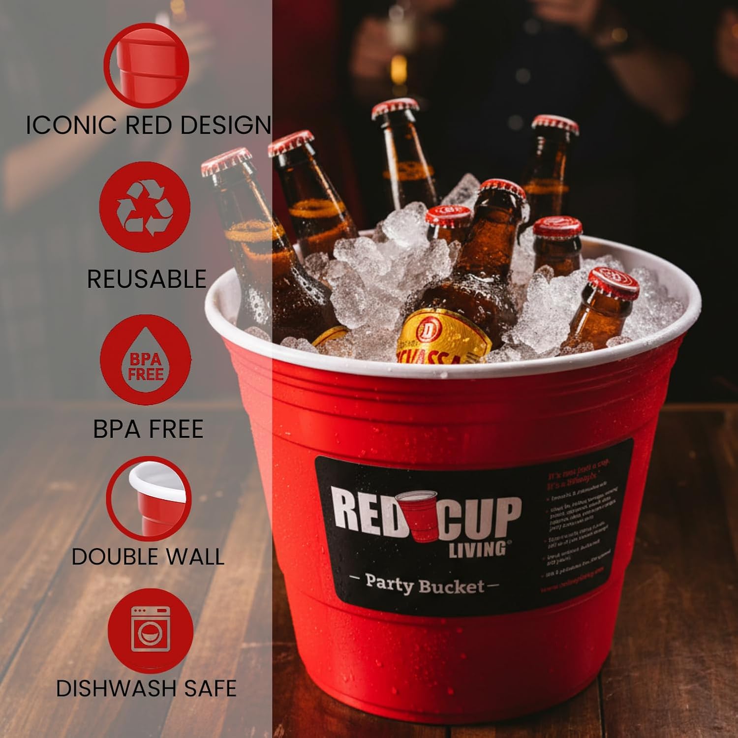 Red Cup Living Large Party Ice Bucket, 201 oz Insulated Drink Cooler for Parties, Bar & Kitchen, Durable Plastic Beer, Wine & Champagne Beverage Tub for Holiday (18)