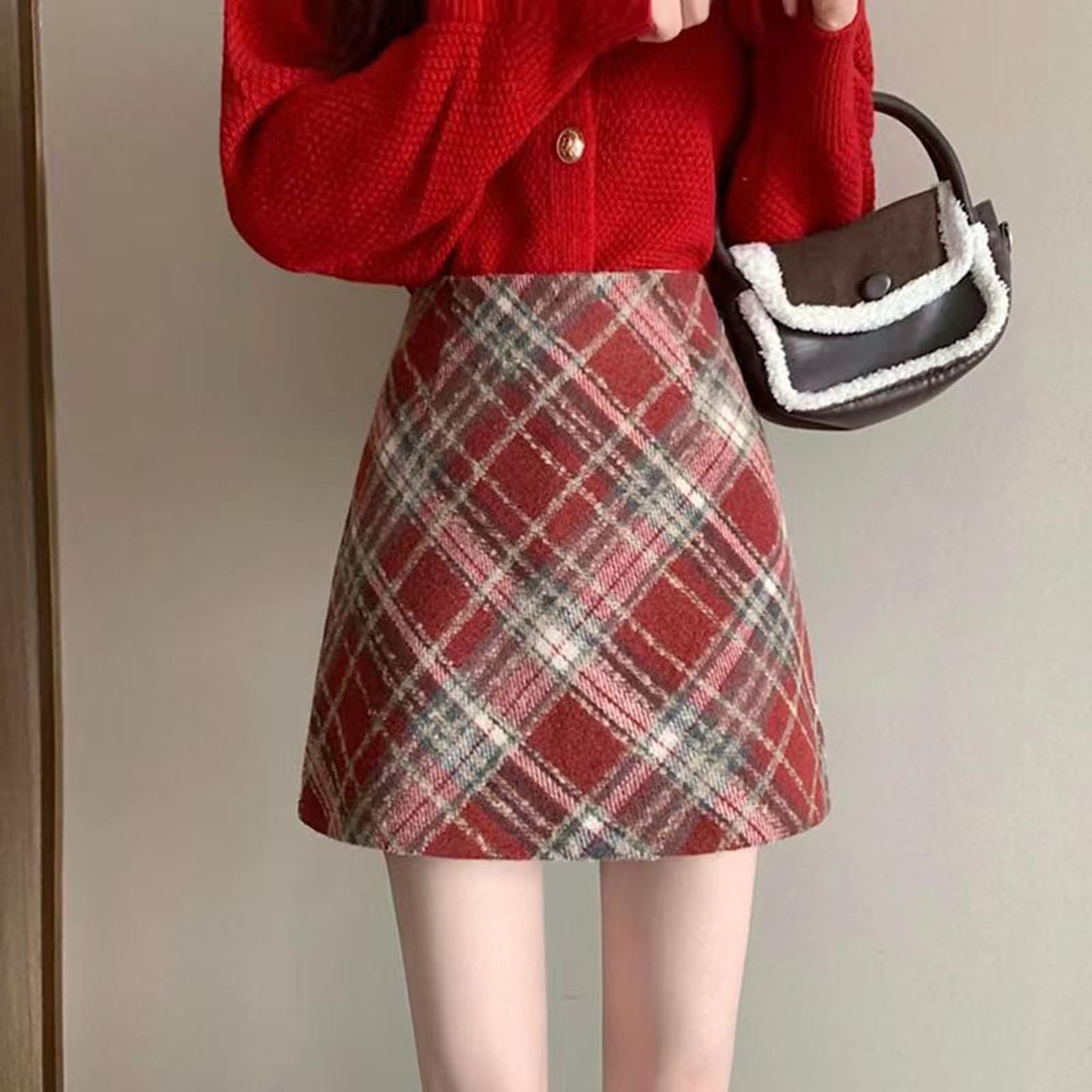 Spódnica jesienno-zimowa moda damska vintage wysoka talia mini spódnica w kratę o linii A biuro pani elegancka