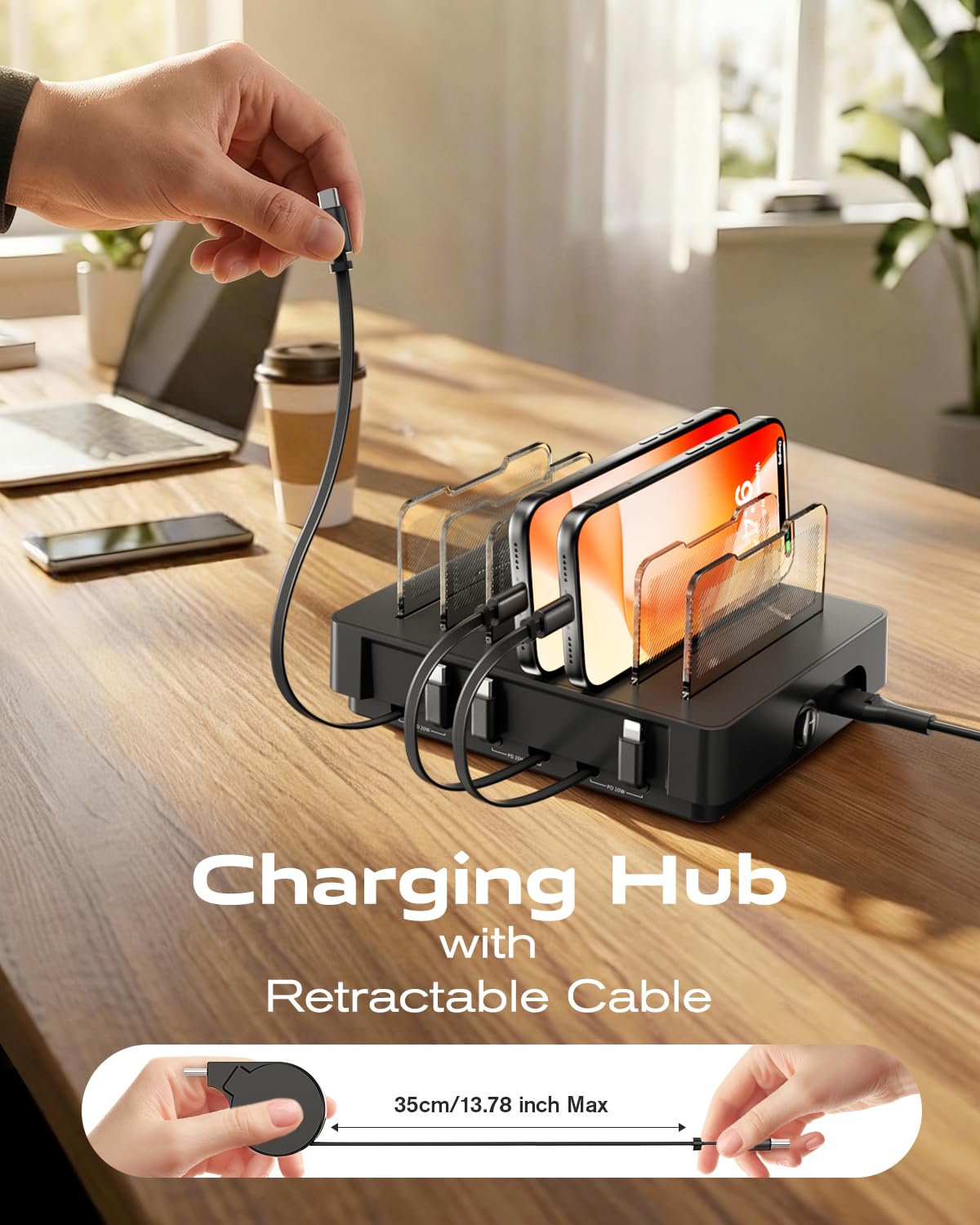 SooPii HomeHub H1, estación de carga de 60 W para múltiples dispositivos con 4 cables retráctiles magnéticos C a C y 2 C a iP, organizador de cargador para iPhone 17/16, tablet, Samsung, AirPods y más