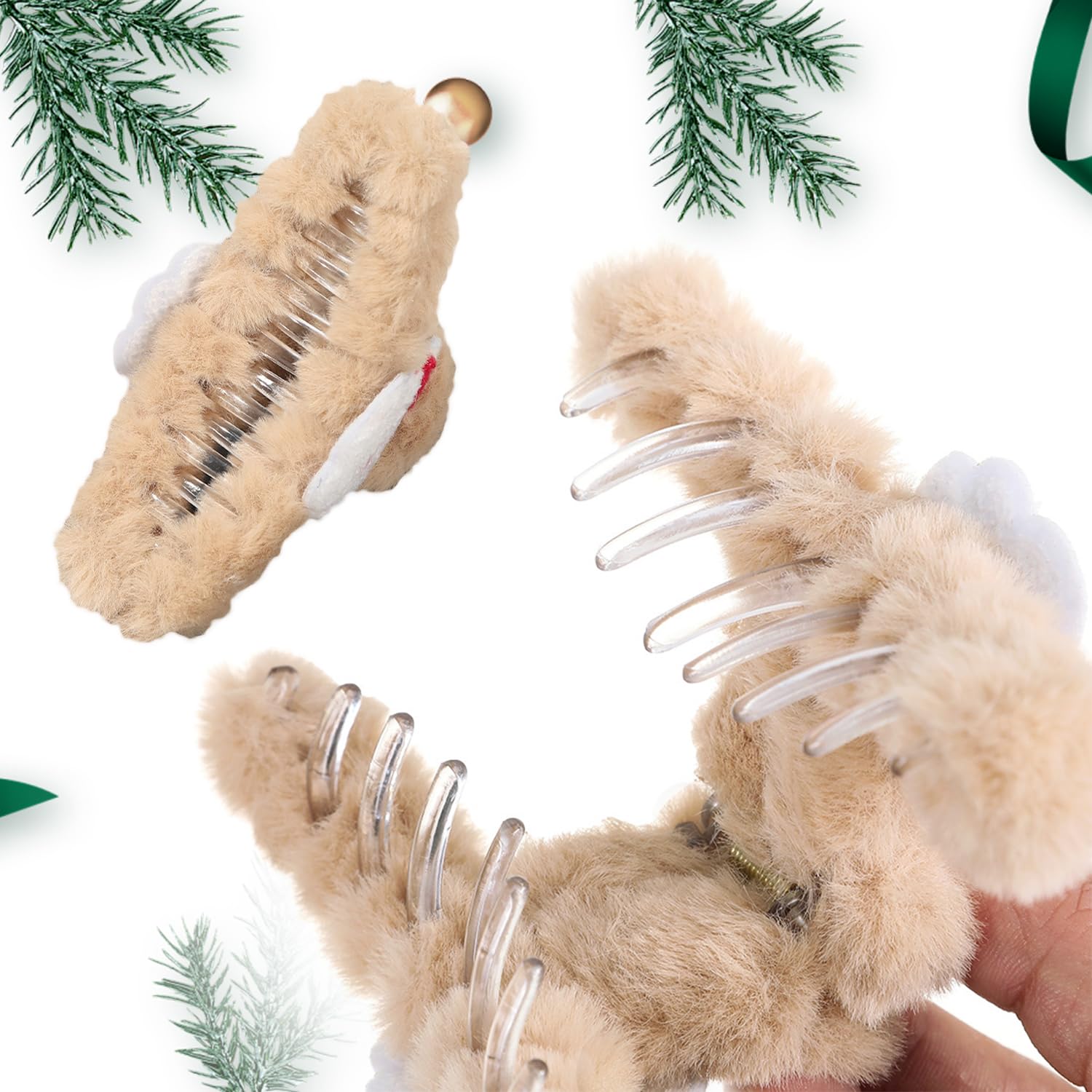 UNVOJL Christmas Hair Claw Clip Fluffy Plush Hair Claw Clips Santa Claus Exquisite Claw Clips Xmas Accessories Decor for Thick Hair (khaki) - Image 3