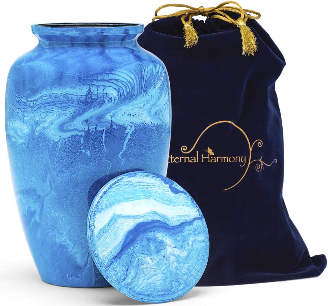 Eternal Harmony Large Urn for Ashes, Adult Male & Female Cremation Urn for Human Ashes with Elegant Finishes, Secure Seal & Velvet Bag, Funeral Urn for Men & Women Up to 200 lbs, 7”x11” (Blue Milo)