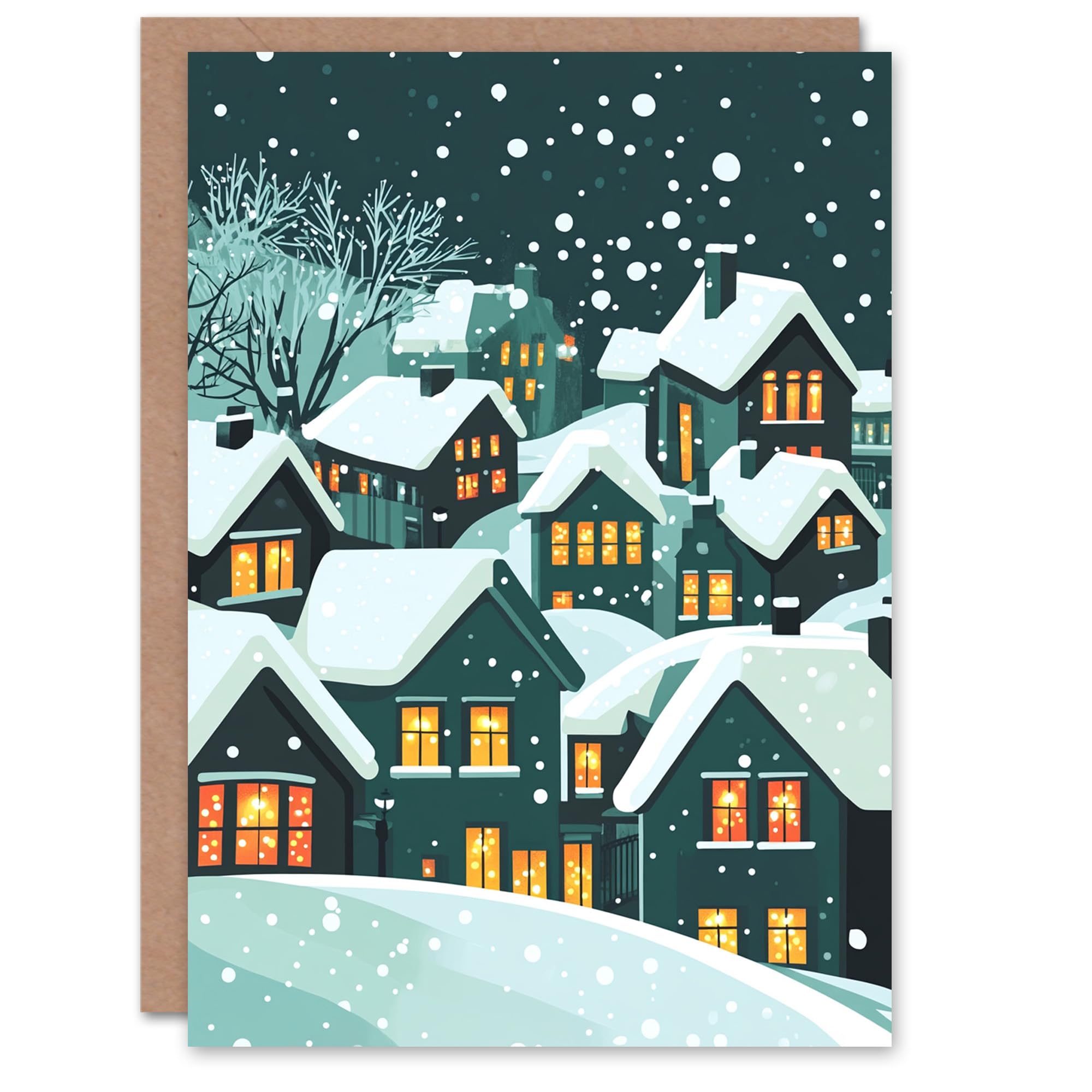 Artery8 Winter Snow Houses Glowing Windows Blank For Him Or Her Art Xmas Festive Christmas Card