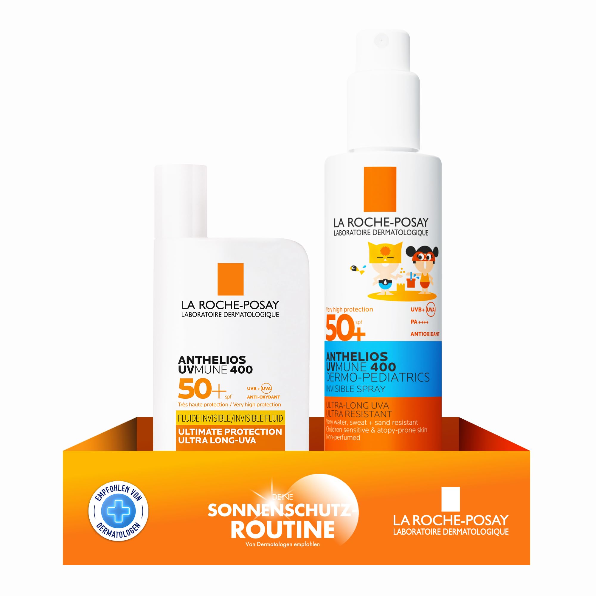 La Roche-Posay Anthelios Set mit Sonnenspray für Kinder und UVMune 400 Invisible Fluid, Für empfindliche und zu Neurodermitis neigende Haut, UVA-/UVB-Schutz, mit LSF50+, Mexoryl 400, 200 ml + 50 ml