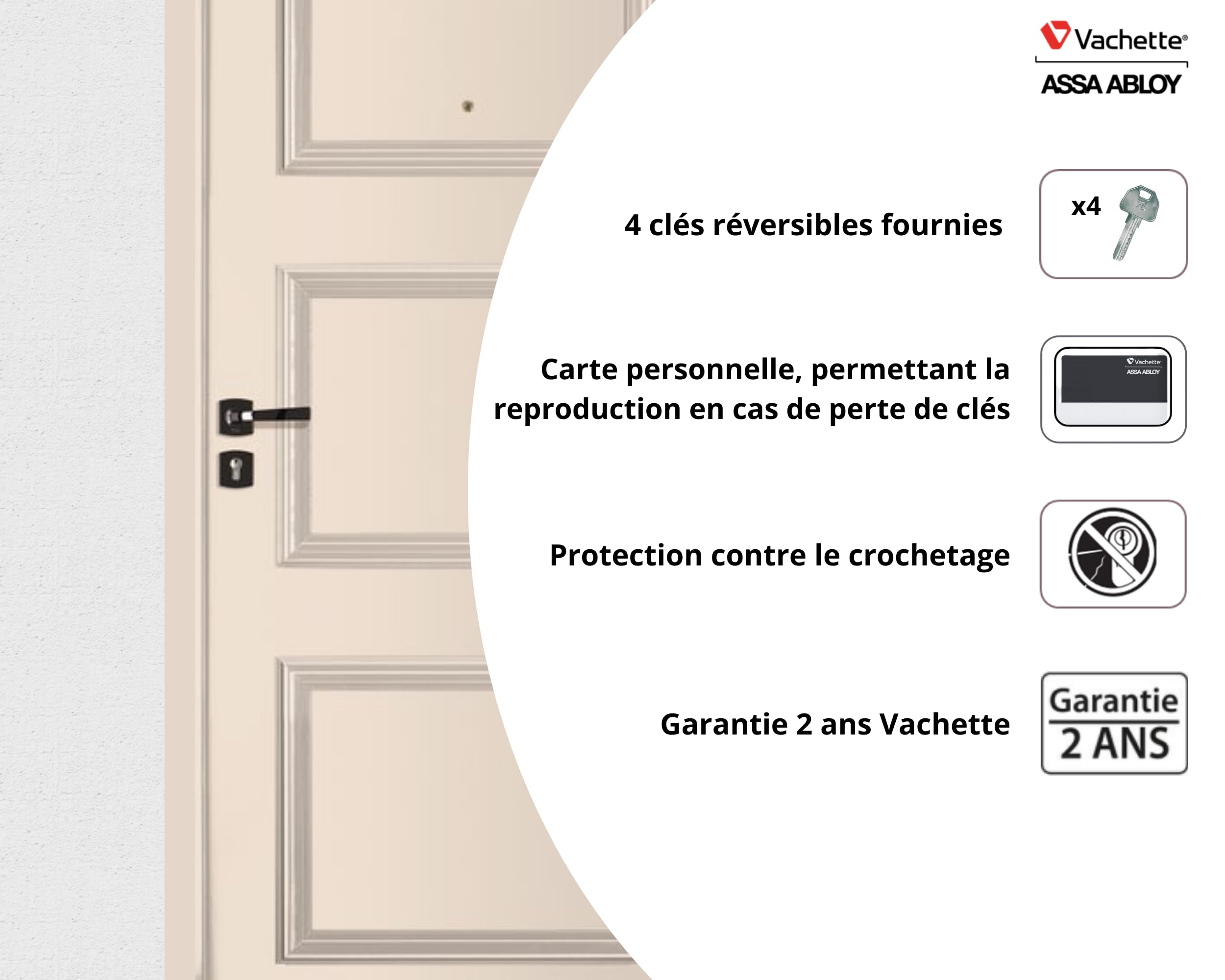 Vachette V6 - Cylindre de Serrure 30x30 mm Nickelé, 6 Goupilles, Cylindre de sécurité - Portes intérieures, Portes extérieures, 4 Clés réversibles