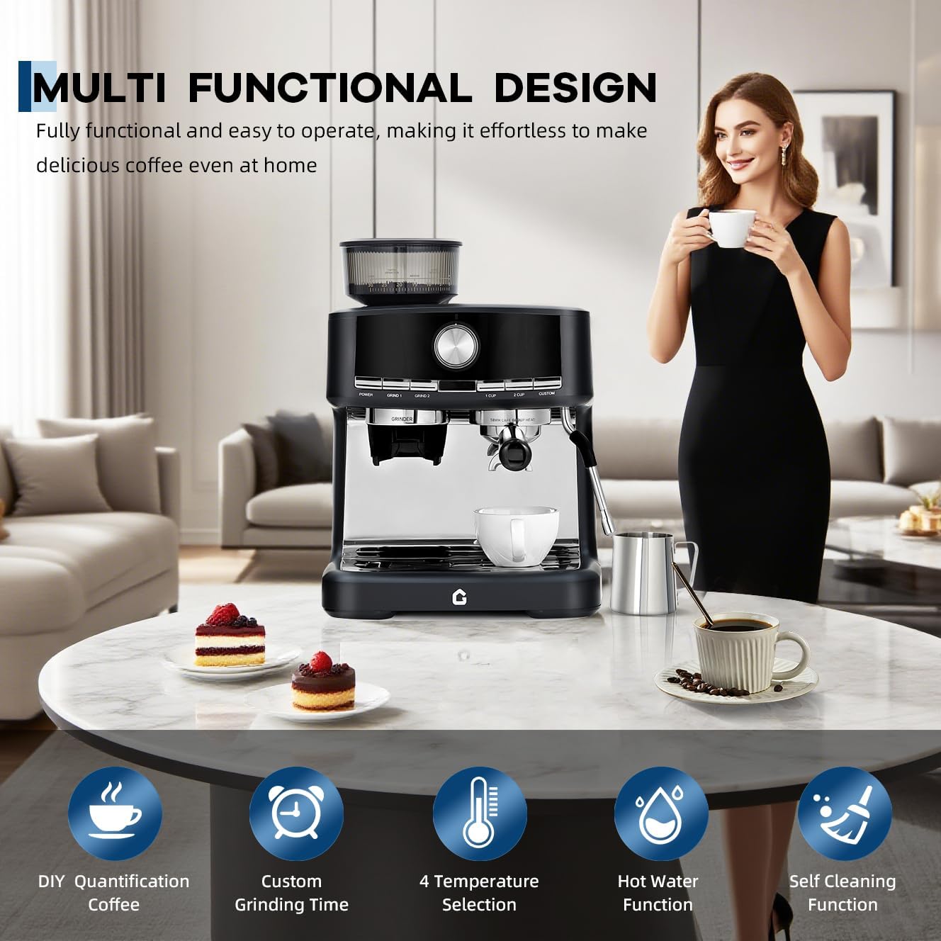 Półautomatyczna maszyna do espresso z wbudowanym młynkiem, dyszą parową do pianki mlecznej, programowanie 1/2 filiżanek i niestandardowy tryb, ekspres do kawy espresso, do kawy kremowej, cappuccino