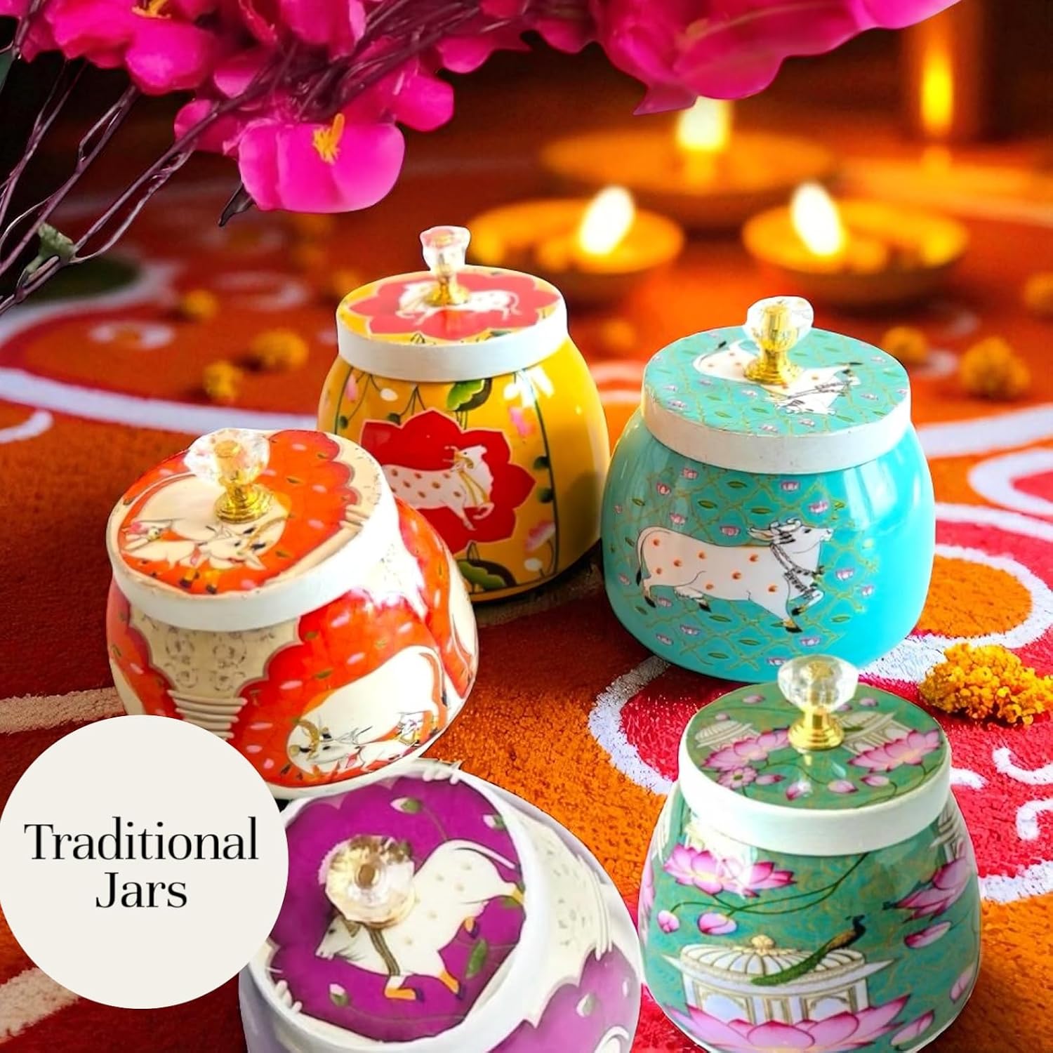 5 Pcs Assorted Prints Pichwai Storage Jars with Lid 4" – Laddoo/Mithai/Sweets Jars, Lotus Cow Peacock Prints with Gift Wrap, Doilies for Indian Return Gifts, Lohri Favors, Sankranthi Pooja Giveaways
