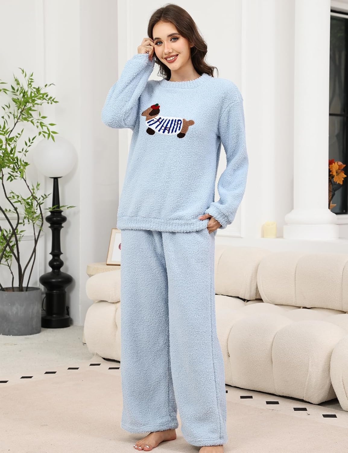Gihuo Dachshund Pajamas for Women Warm Fleece Pjs Sets Fuzzy Loungewear Sleepwear - Image 2