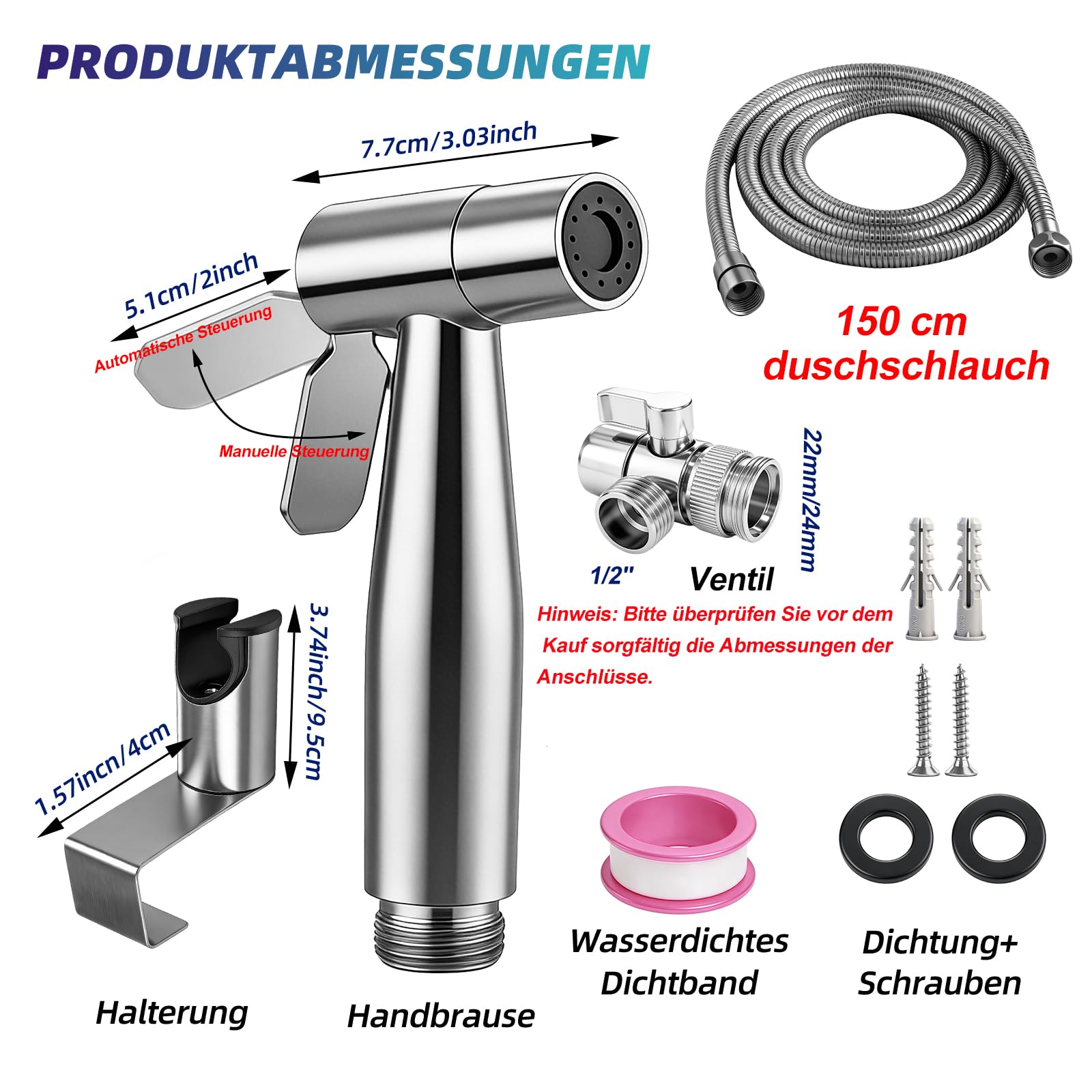 Ensemble de Douchette à Main pour Bidet en Acier Inoxydable avec Tuyau, Embout de Bidet pour Douche, Toilettes, Nettoyage des Couches et Bain des Animaux Domestiques