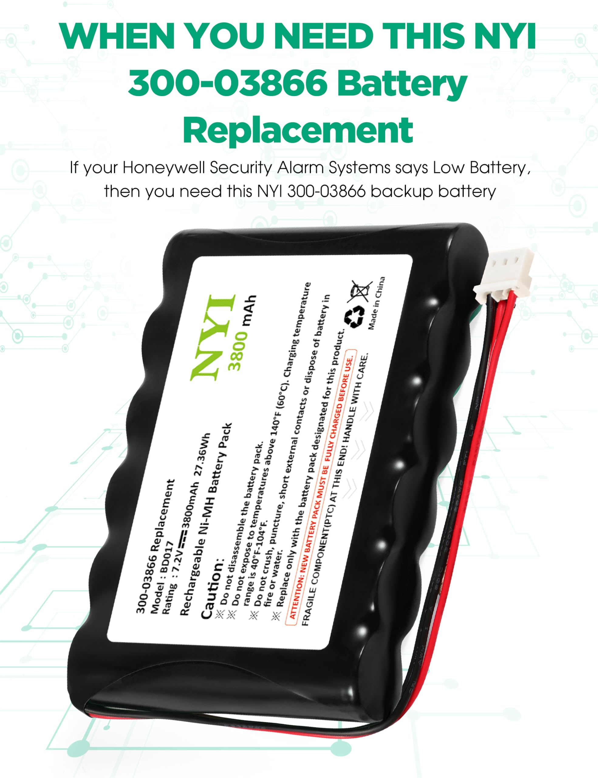NYI Batería mejorada de 3800 mAh 300-03866 para Honeywell Alarm Lynx 5100, 5200, 5210, Lynx Touch 7000, 7.2 V LYNXRCHKIT-SHA, OSA214, LCP500-4B