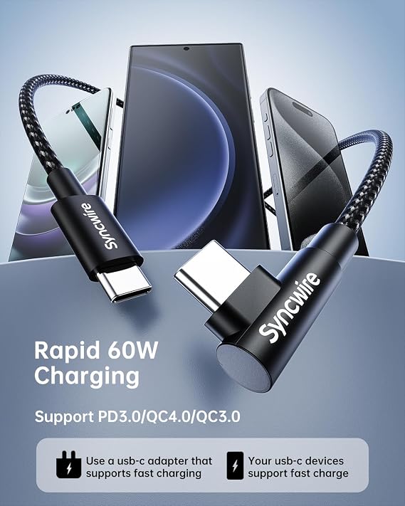 SYNCWIRE USB C to USB C Charger Cable, 2 Pack 6.6ft Type C 60W Fast Charging Cord, Nylon Braided Right Angle Cable for iPhone 15/15 Pro/15 Plus/15 Pro Max, Samsung Galaxy S24, iPad, MacBook