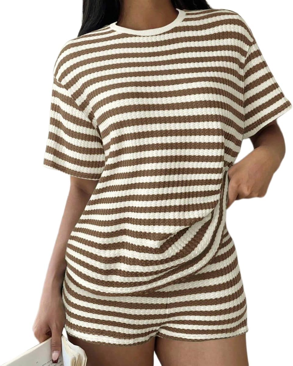 EOSIEDUR Women Striped Two Piece Outfit Short Sleeve Crewneck Top and Shorts Set with Pockets Summer Tracksuit