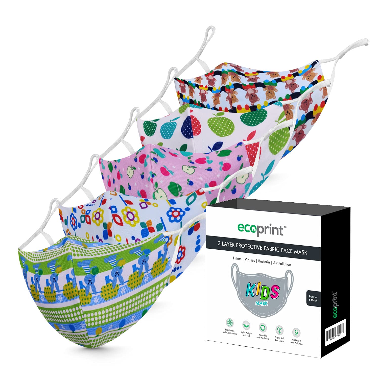 Mask for Kids. 3 Layer Multicolored Digital Printed Cloth Mask with Adjustable Ear Loops (Combo of 5 Pcs). Light Weight, Reusable Eco-friendly Washable Fabric. Age 5-12 Yrs.-image-20