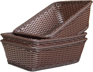 3 Pack Brown Color PP Poly-Wicker Woven Storage Basket, Stackable & Washable Organizer Bin for Kitchen, Pantry, Bathroom, Fruit Bread Display and Laundry Use