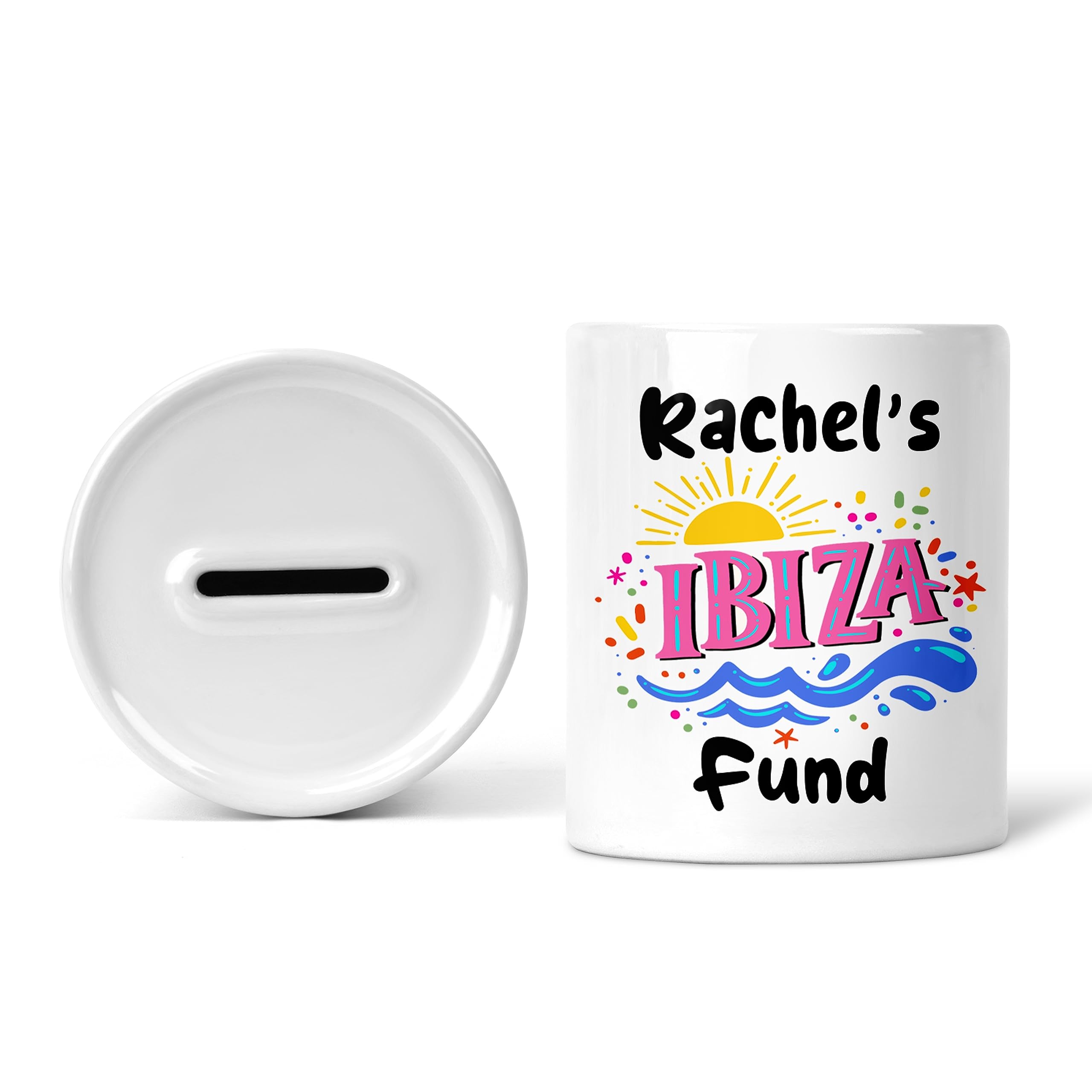 Rib Ticklerz White - Personalised Money Box Ibiza Fund Piggy Bank Savings Jar Travel Travelling Saving Pot Novelty Gift Birthday Present Colleague Secret Santa - Mb10