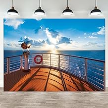 Ocean Ship Deck Photography Backdrop, Nautical Sunset Scenery Theme Ship Deck Birthday Party Banner Deep Blue Sea Waters Summer Tropical Background Decoration Photo Booth Props 7x5FT