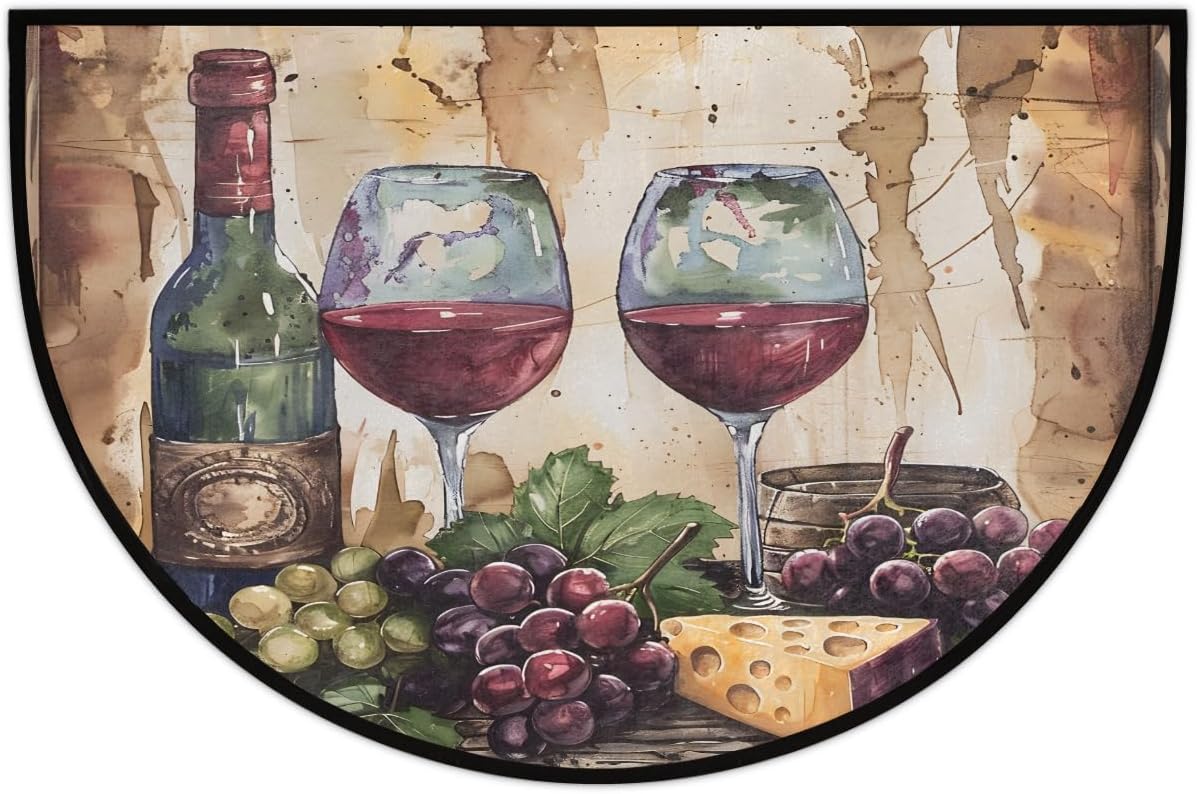 Half Round Door Mat Retro Grape Wine Half Moon Rug Washable Half Circle Area Rugs Indoor Entrance Non Slip Semi Circle Bathroom Rugs Floor Carpet for Kithen Bedroom Fireplace Decor