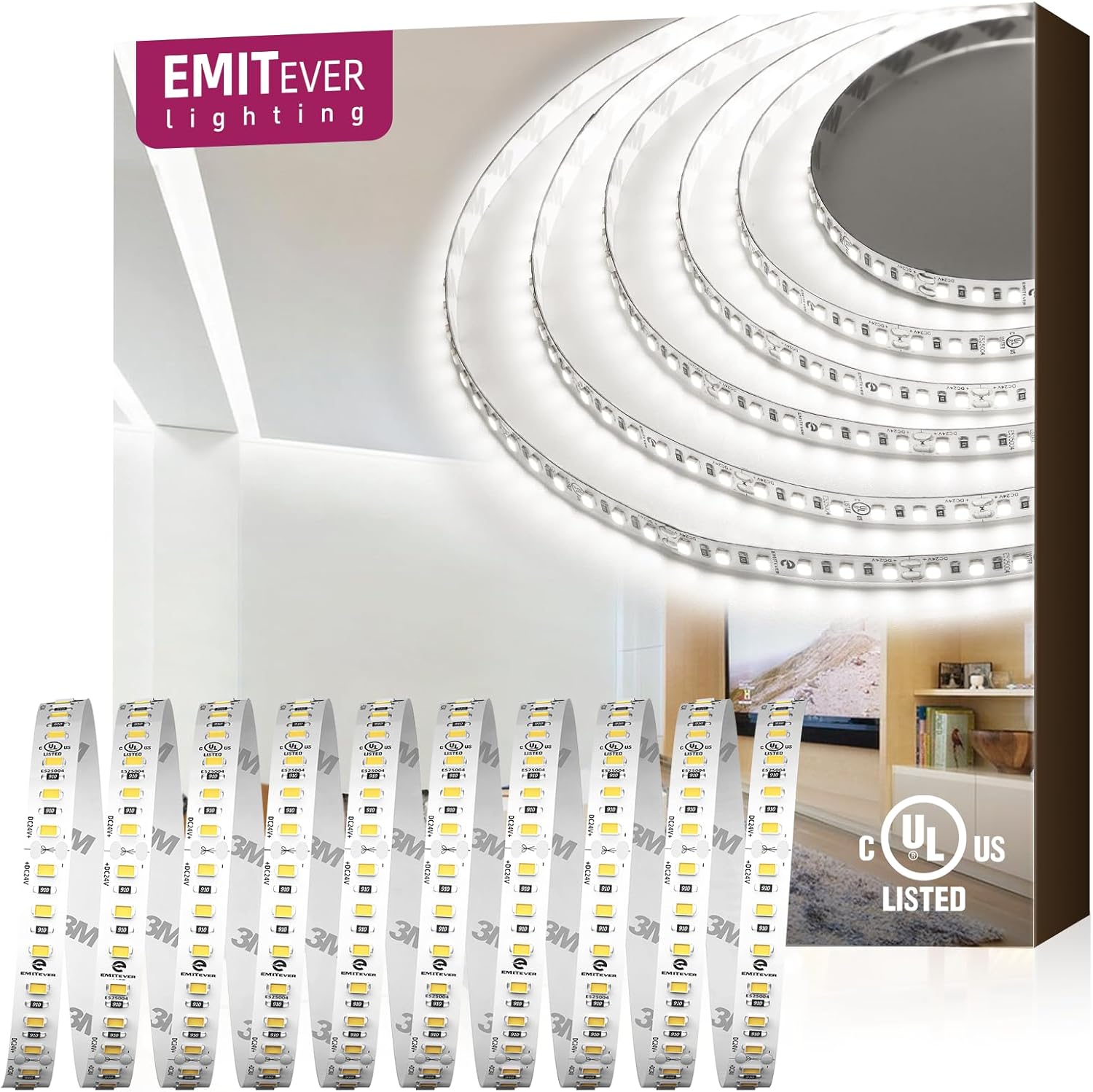 EMITEVER LED Strip Lights Cool White, 5000K 24V LED Tape Light 25ft UL Listed, Ra 95+, IP30, 2.9W/ft, 240+Lumens/ft, 900LEDS/Spool,UL Listed 5 Year Warranty (Power Supply Sold Separately)