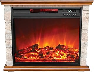 LifeSmart Electric Fireplace Heater w/ 3 Heating Elements, 1500W, Faux Stone & Oak Wood - Mounted Indoor Infrared Heater for Home, Bedroom, and Living Room