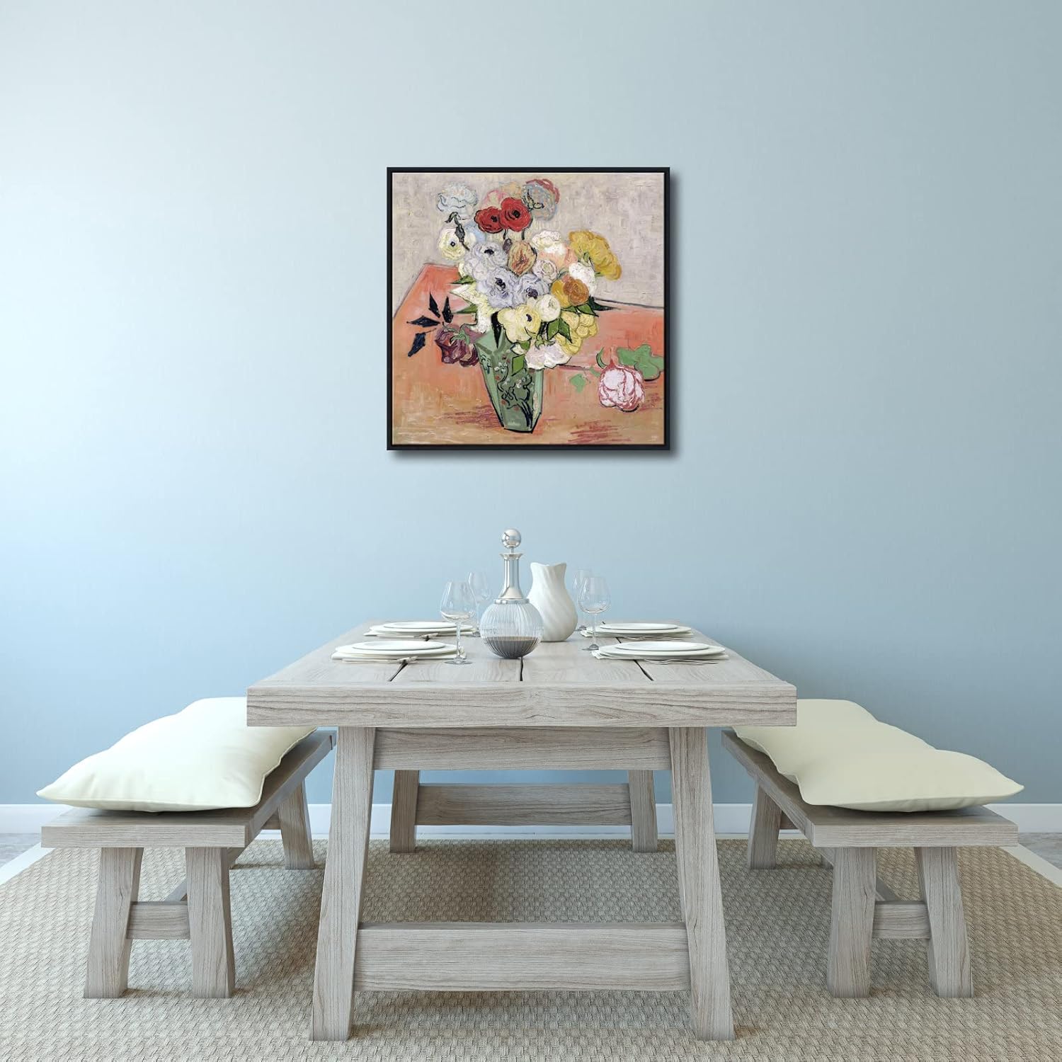Wieco Art Framed Wall Art Japanese Vase with Roses and Anemones by Vincent Van Gogh Oil Paintings Reproduction Artwork Flowers on Canvas Wall Art for Home and office Decorations