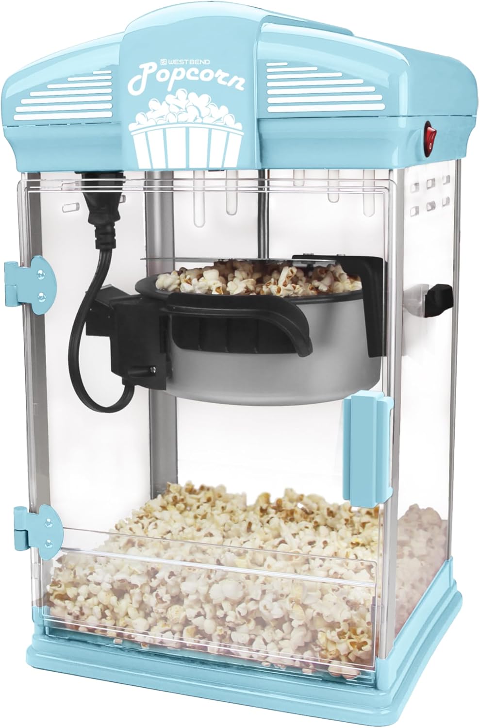 West Bend Stir Crazy Movie Theater Popcorn Popper, Gourmet Popcorn Maker with Nonstick Popcorn Kettle, Measuring Tool and Scoop , 4 Qt, Blue