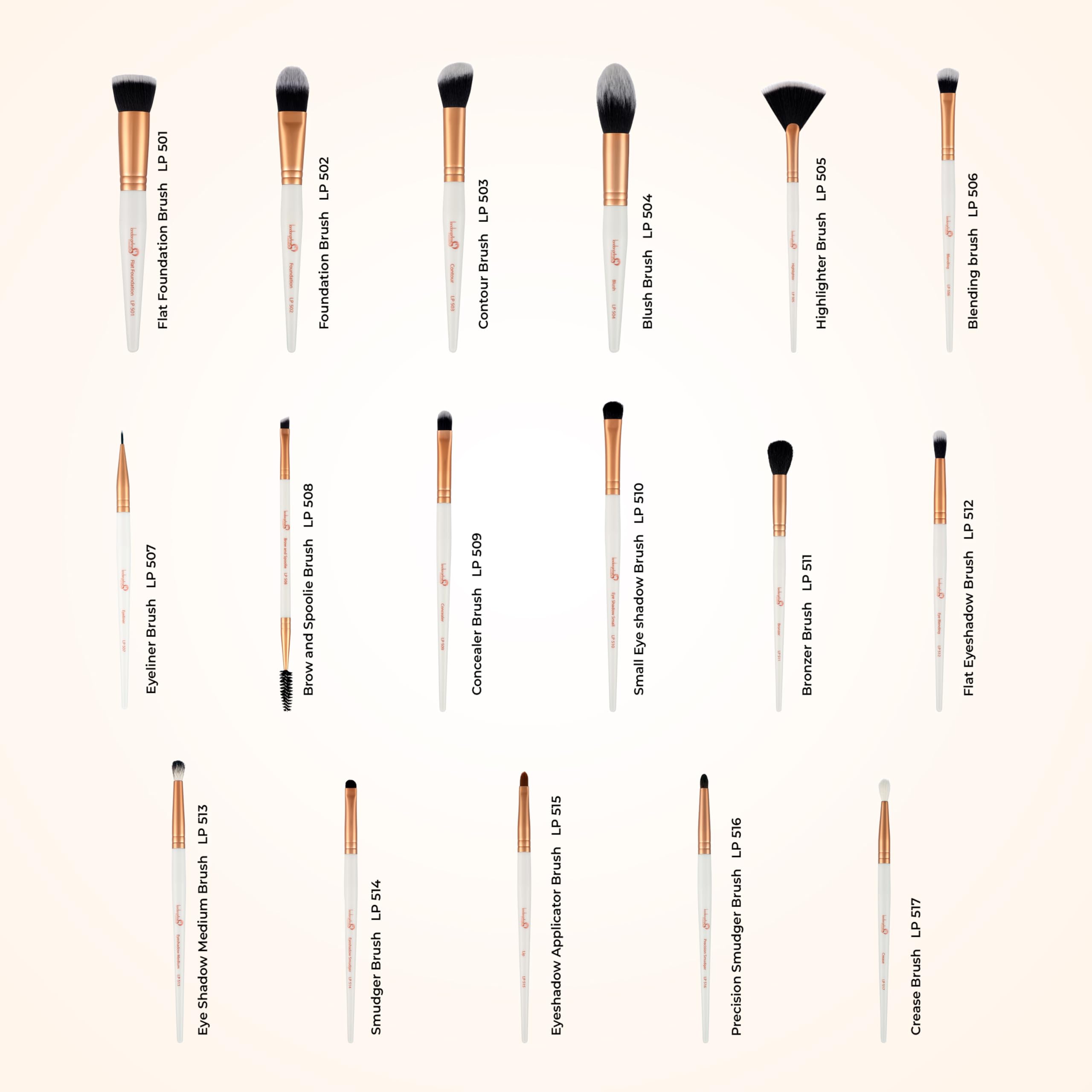 London Prime, set di pennelli professionali da trucco, 17 pezzi, con fondotinta, correttore, ombretto, cipria, fard, contouring, illuminante, eyeliner, labbra, sfumatura e viso.
