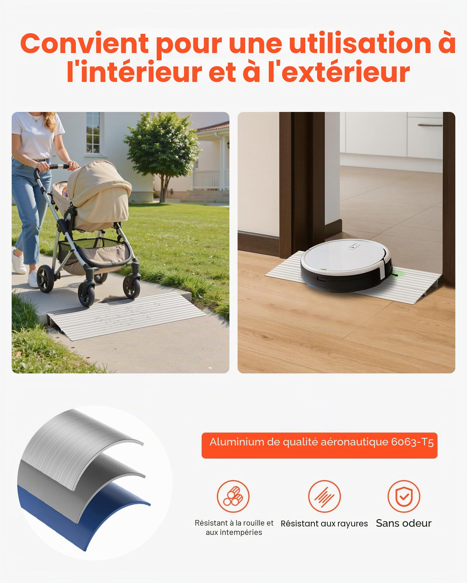 VEVOR Rampe de Seuil de Porte pour Fauteuil Roulant, Hauteur Max 59 mm, Charge Max 363 kg, Rampe en Alliage Aluminium pour Fauteuils Roulants, Scooters, Fauteuils Électriques, Déambulateurs, Vélos