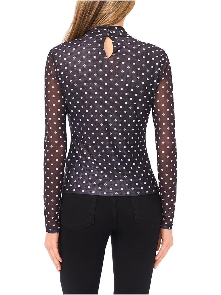 Black CeCe Long Sleeve Mesh Fitted Turtleneck Top