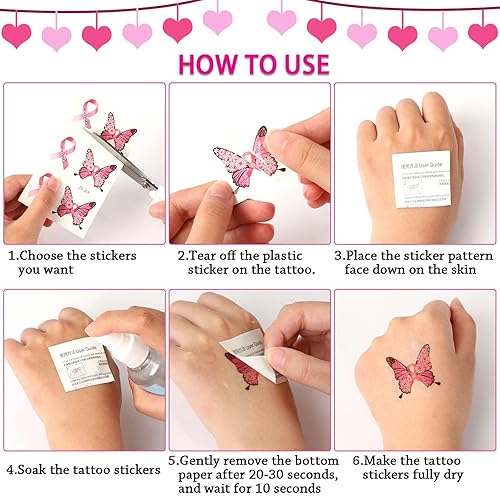 Miniatura 3 de Tatuajes temporales de concientización sobre el cáncer de mama, 20 hojas de calcomanías de cinta rosa de JUNEBRUSHS para maquillaje, tatuajes