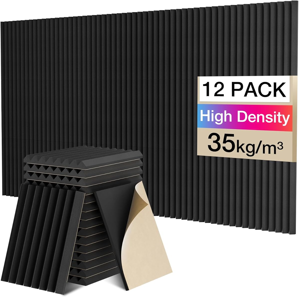 Sonic Acoustics Self Adhesive Acoustic Foam 12 Pack Set, 1" X 7.8" X 11.8" (2.5X20X30cm) Sound Proofing Panels, Denseness 35kg/m³, Acoustic Foam Panels for Recording Studio Office Home