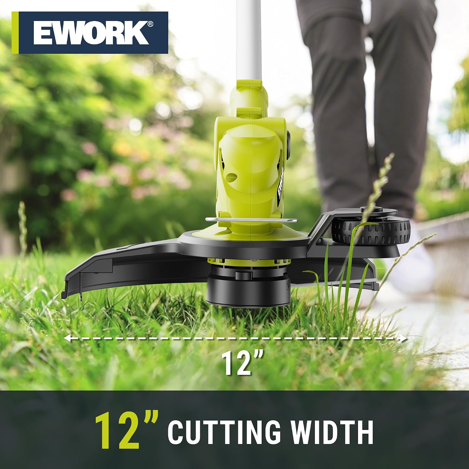 Trimmer in use, showing a 12-inch cutting width.