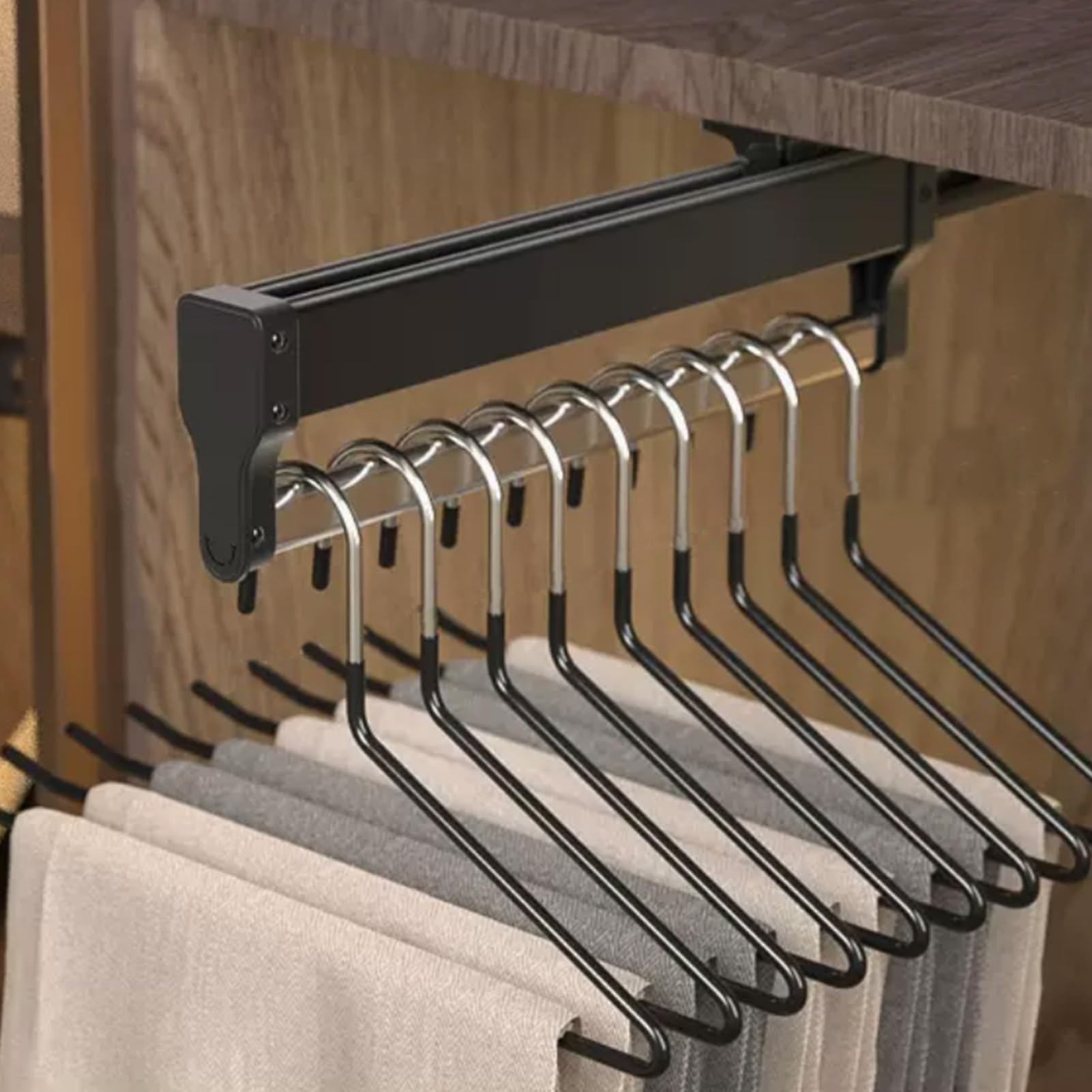 Adjustable Clothes Rack, Retractable Suit Stand, 25kg Capacity, Cold-Rolled Steel Trouser Hanger, Noise-Free Dual Rail, Black, Heavy-Duty Design for Men’s Clothing