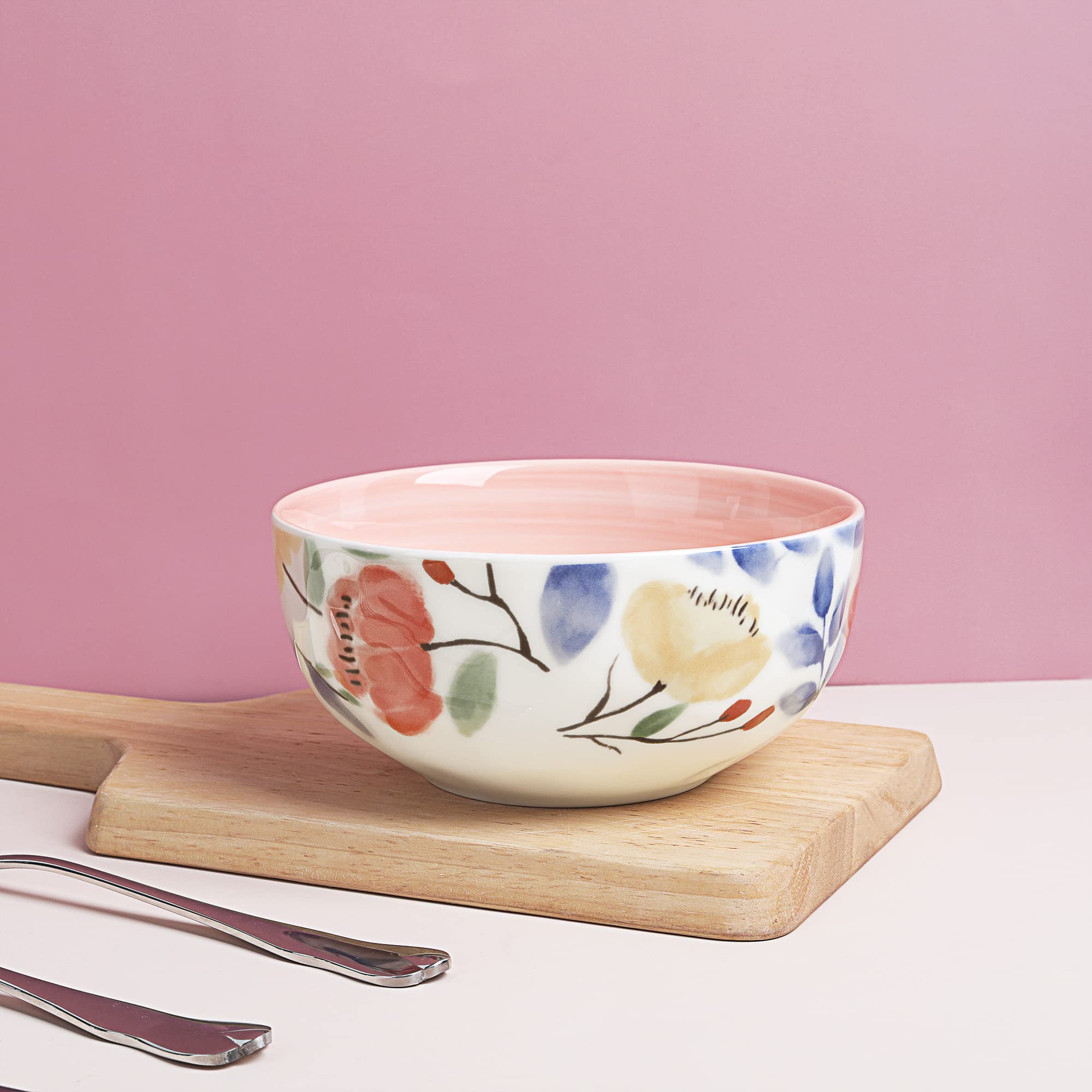 Różowe kwiatowe porcelanowe miski do sałatek, zestaw 4 dużych ceramicznych misek na płatki śniadaniowe, płatki owsiane, parapetówkę, miski prezentowe