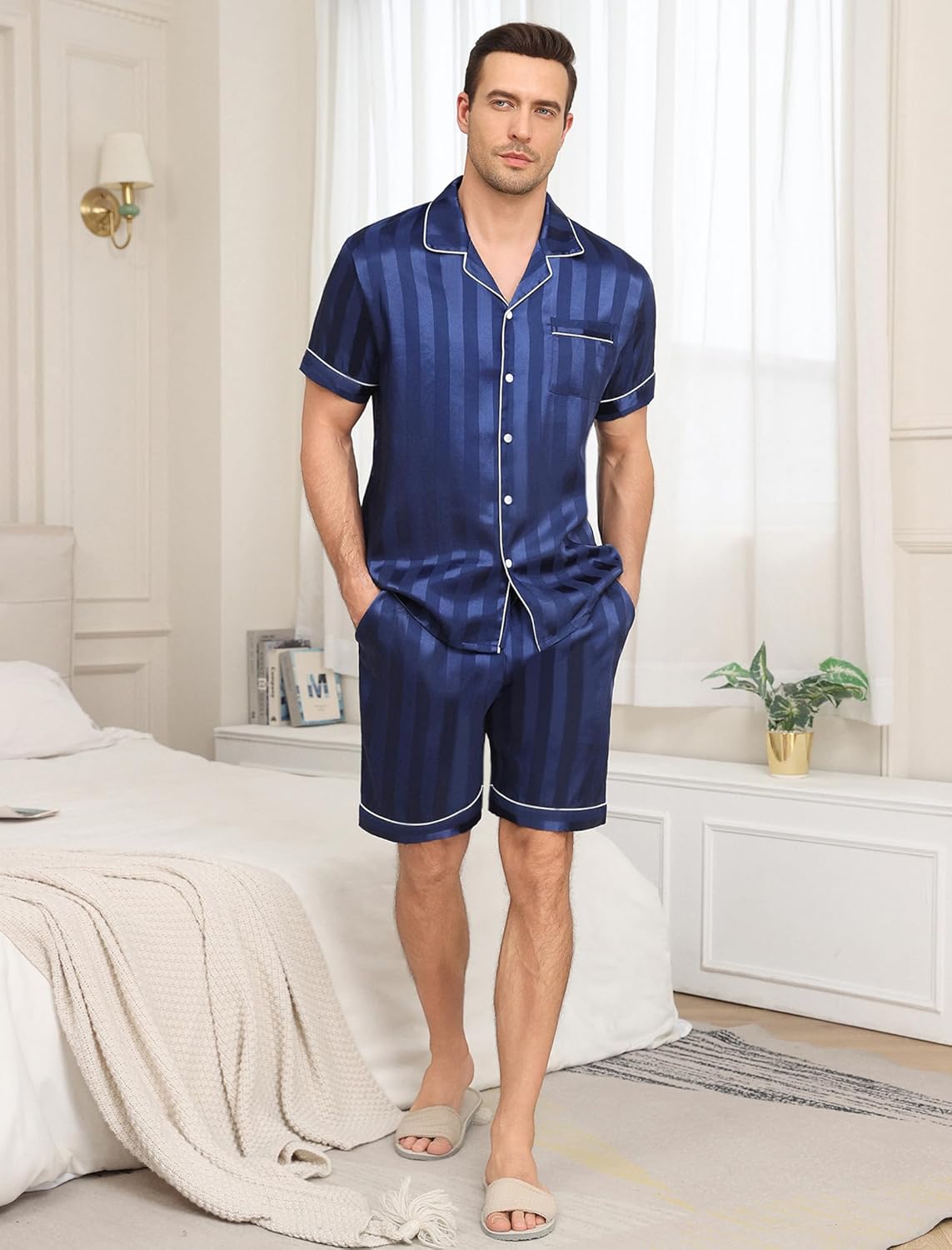 Vssjavun Mens Satin Silk Pajamas Sets Short Sleeve Button-Down Sleepwear Two Piece Loungewear with Pockets - Image 2