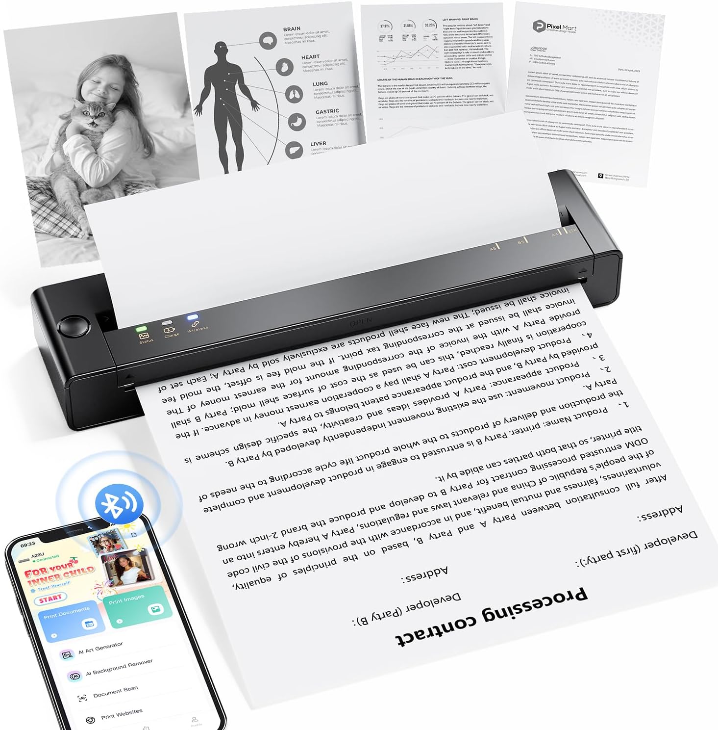 TATTMUSE Portable Printers Wireless for Travel, Inkless Thermal Small Bluetooth Printer for Home Use & Business, Support 8.5" X 11" US Letter Size, Compatible with iPhone Laptop